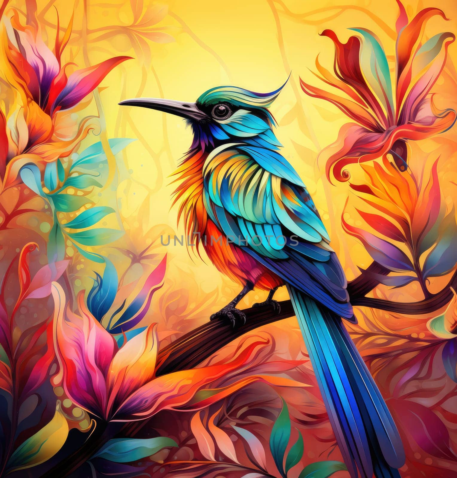Bird of paradise. Romantic illustration of colorful tropical bird of paradise painting on a floral background. 