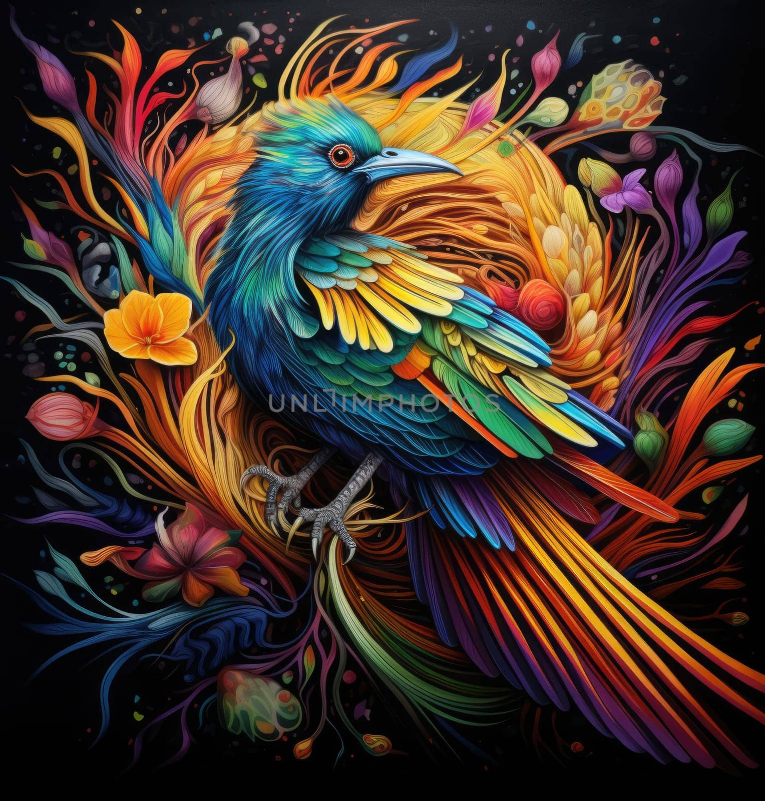 Bird of paradise. Romantic illustration of colorful tropical bird of paradise painting on a black background. 