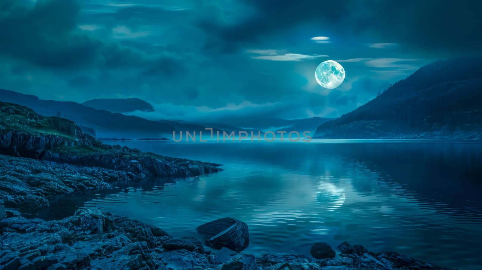 Tranquil and serene moonlit seascape with majestic natural beauty, featuring a full moon reflecting in the calm water, misty coastline, and atmospheric blue night sky