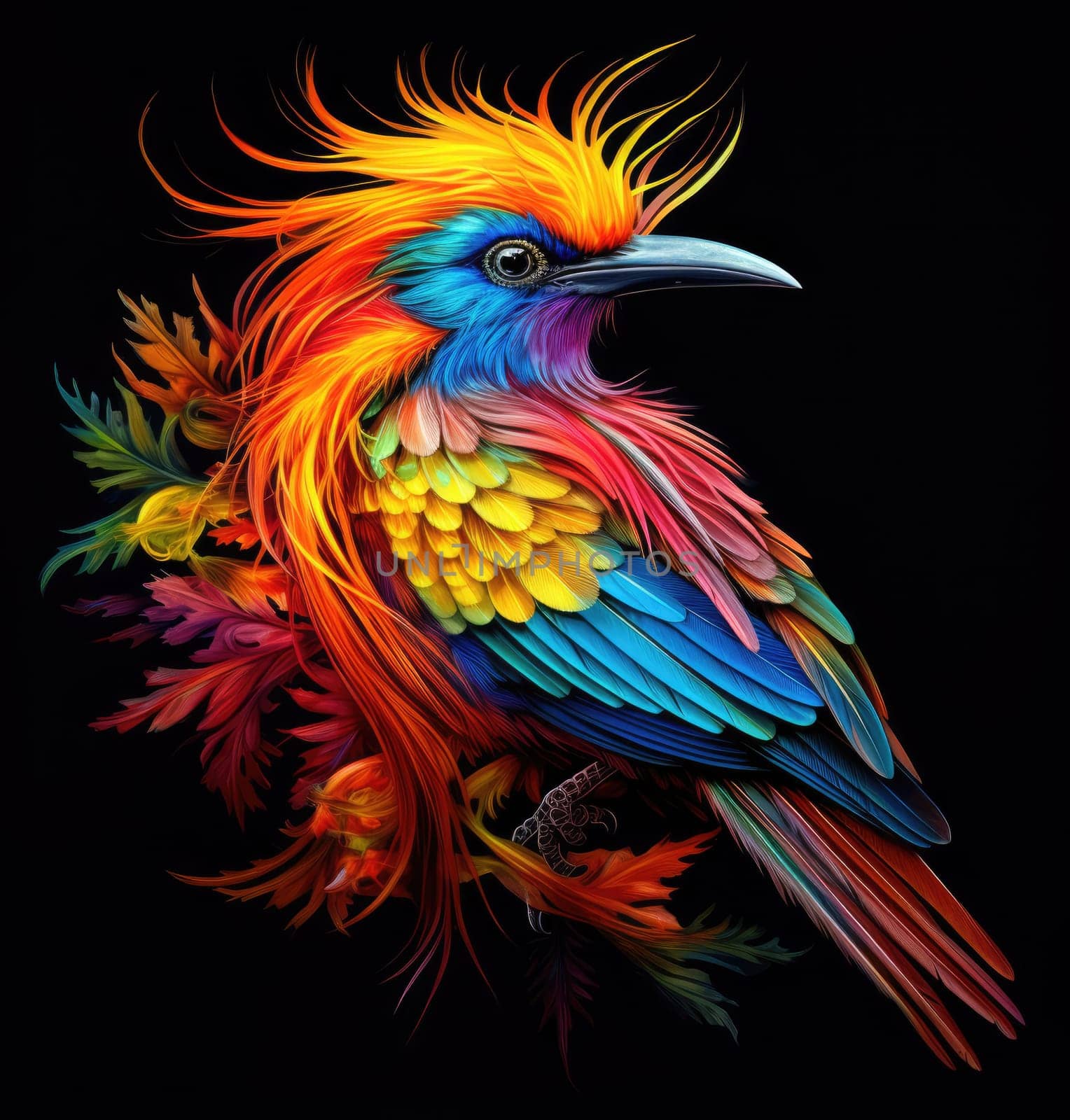 Bird of paradise. Romantic illustration of colorful tropical bird of paradise painting on a black background. 