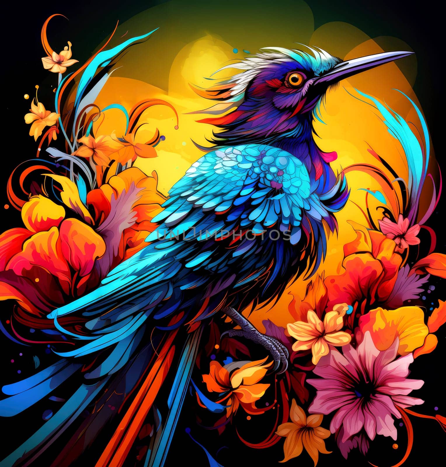 Bird of paradise. Romantic illustration of colorful tropical bird of paradise painting on a floral background. 