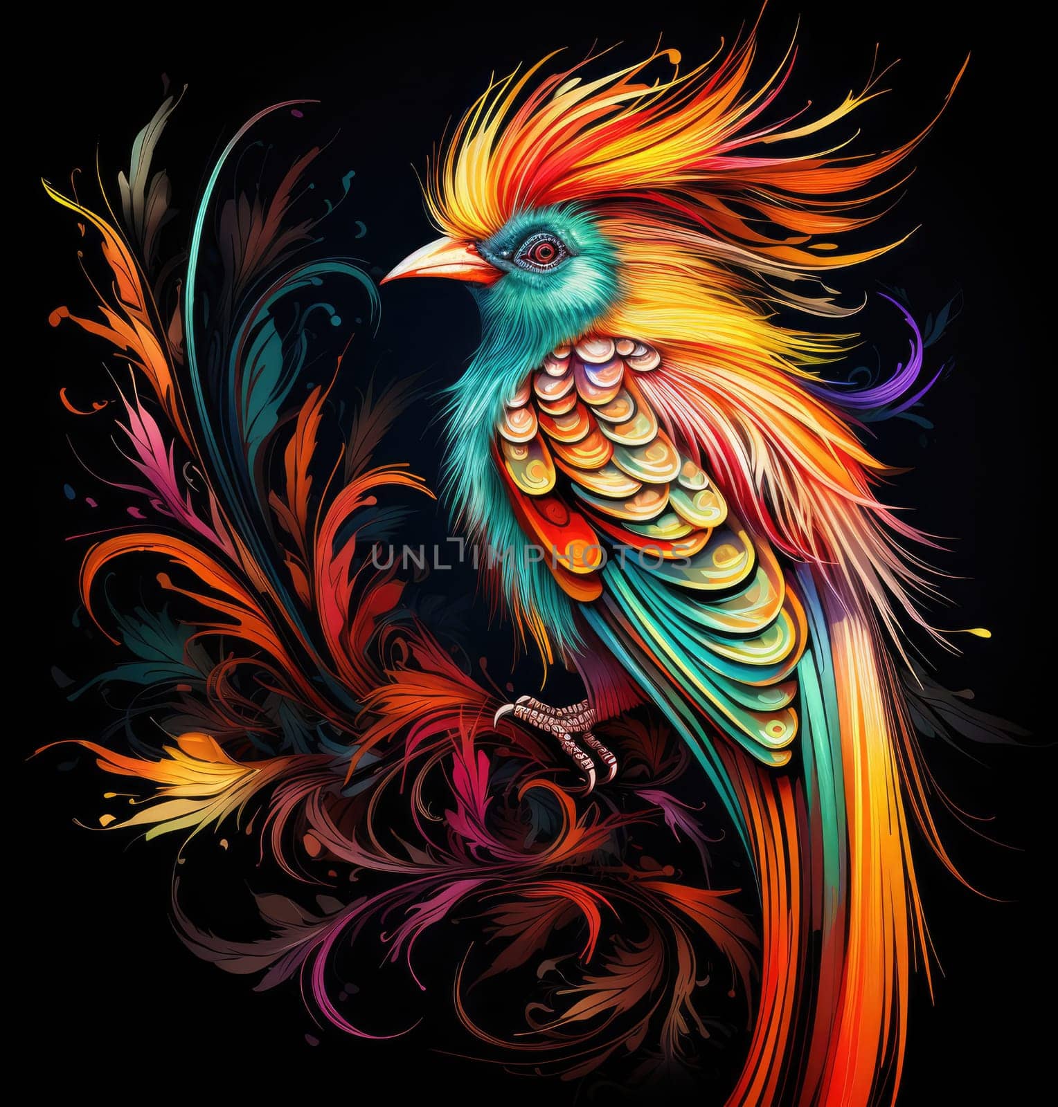 Bird of paradise. Romantic illustration of colorful tropical bird of paradise painting on a black background. 