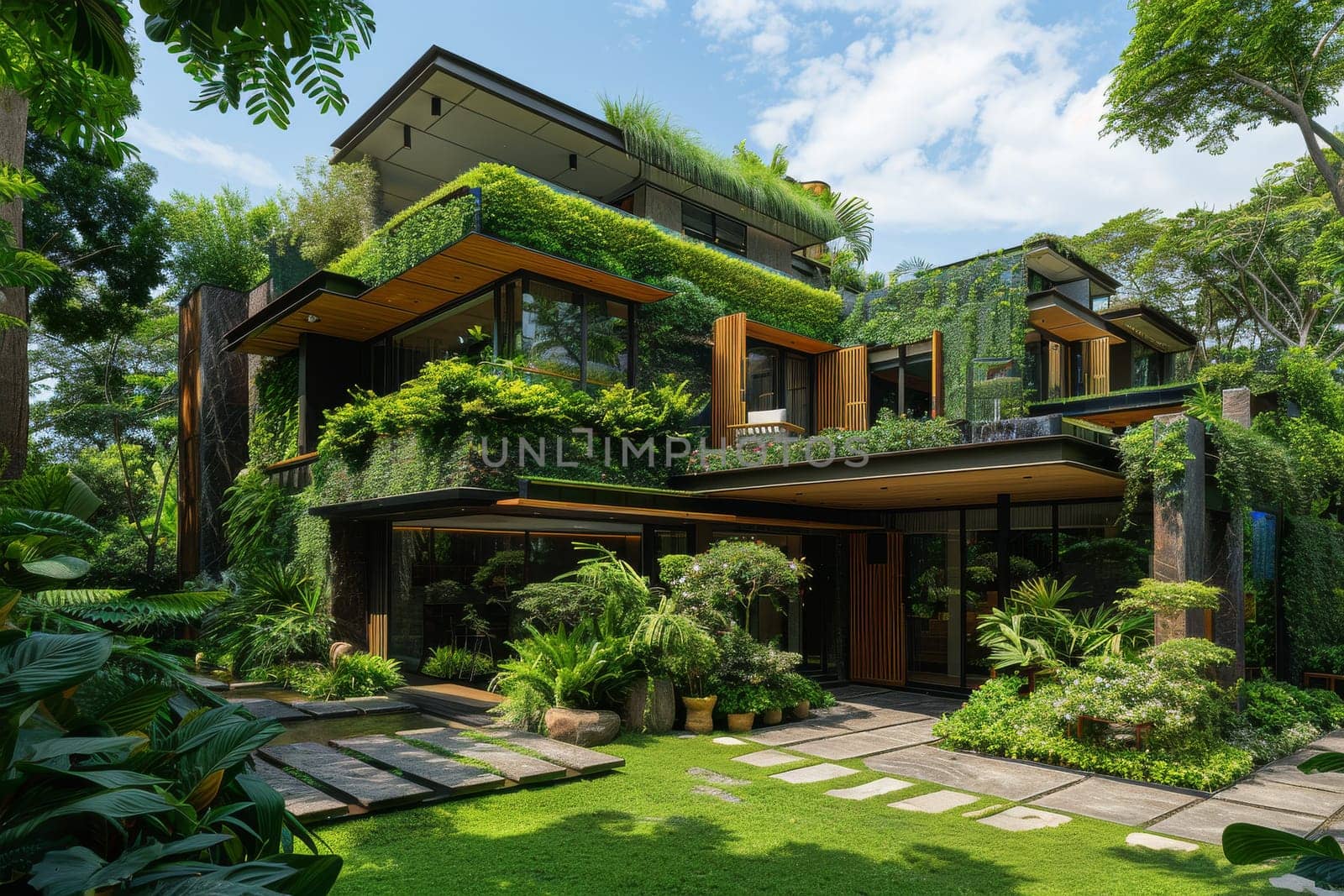 A large house with a green roof and a lush garden.