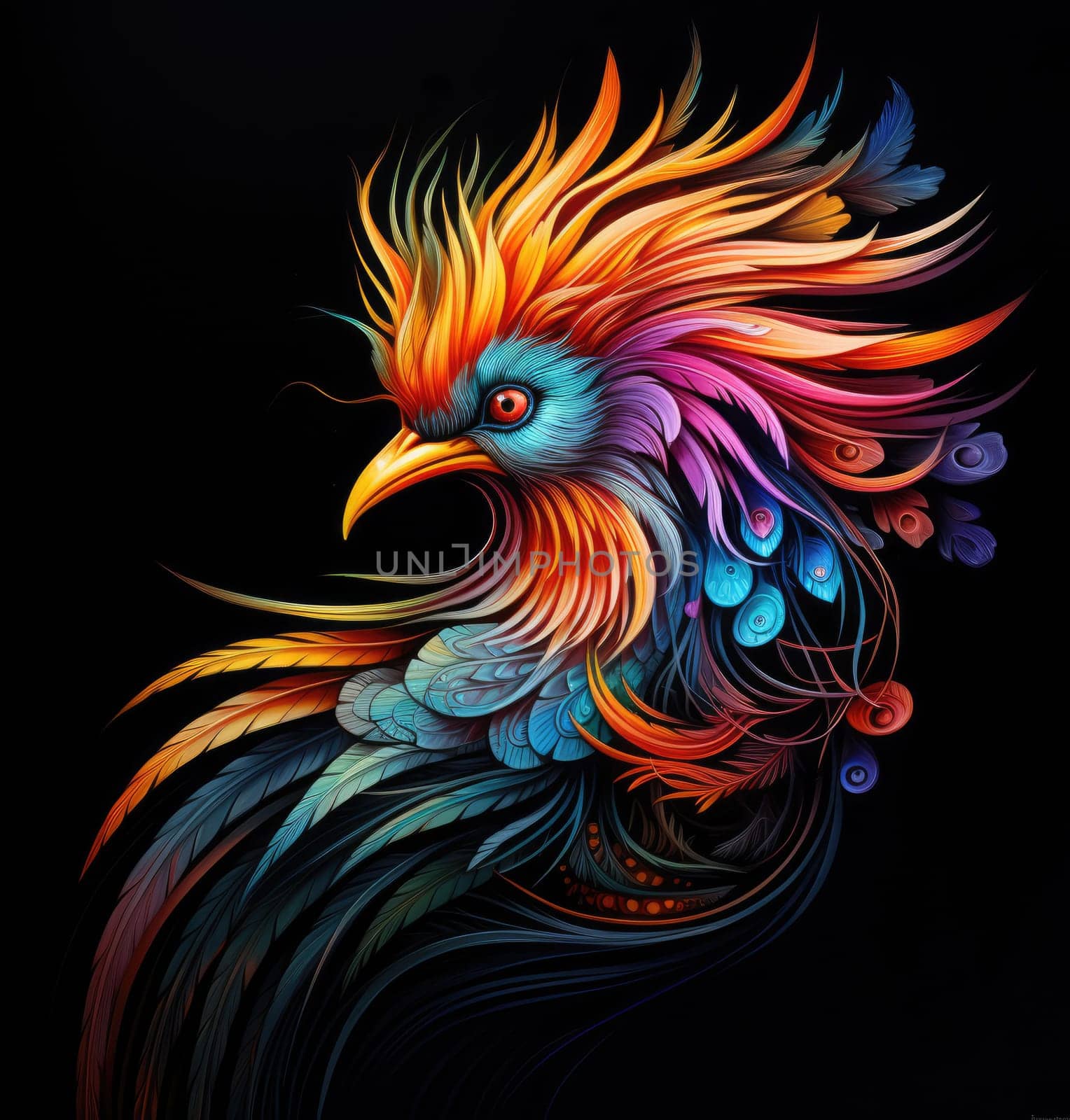 Bird of paradise. Romantic illustration of colorful tropical bird of paradise painting on a black background. 