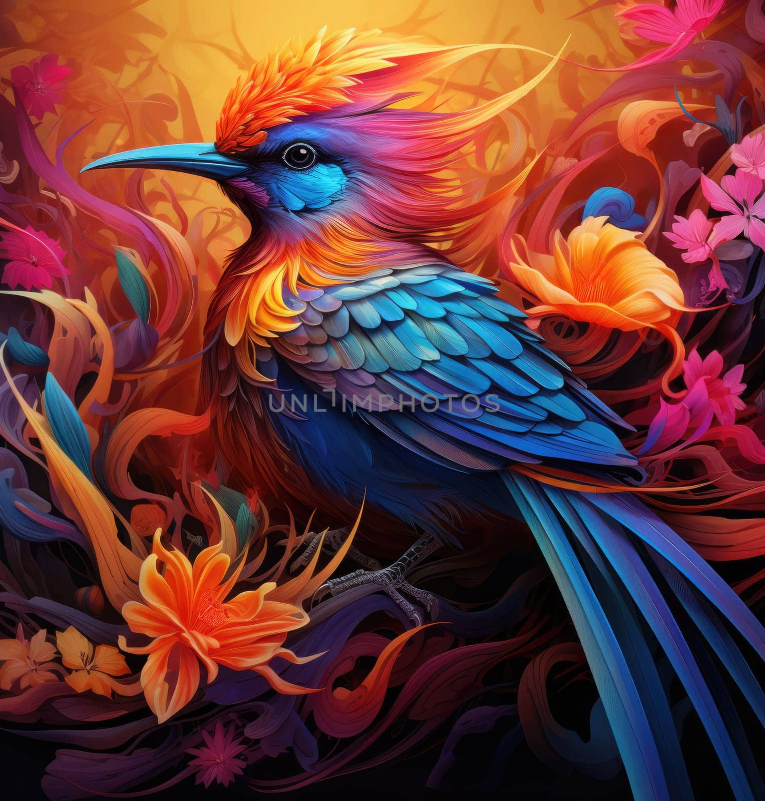 Bird of paradise. Romantic illustration of colorful tropical bird of paradise painting on a floral background. 