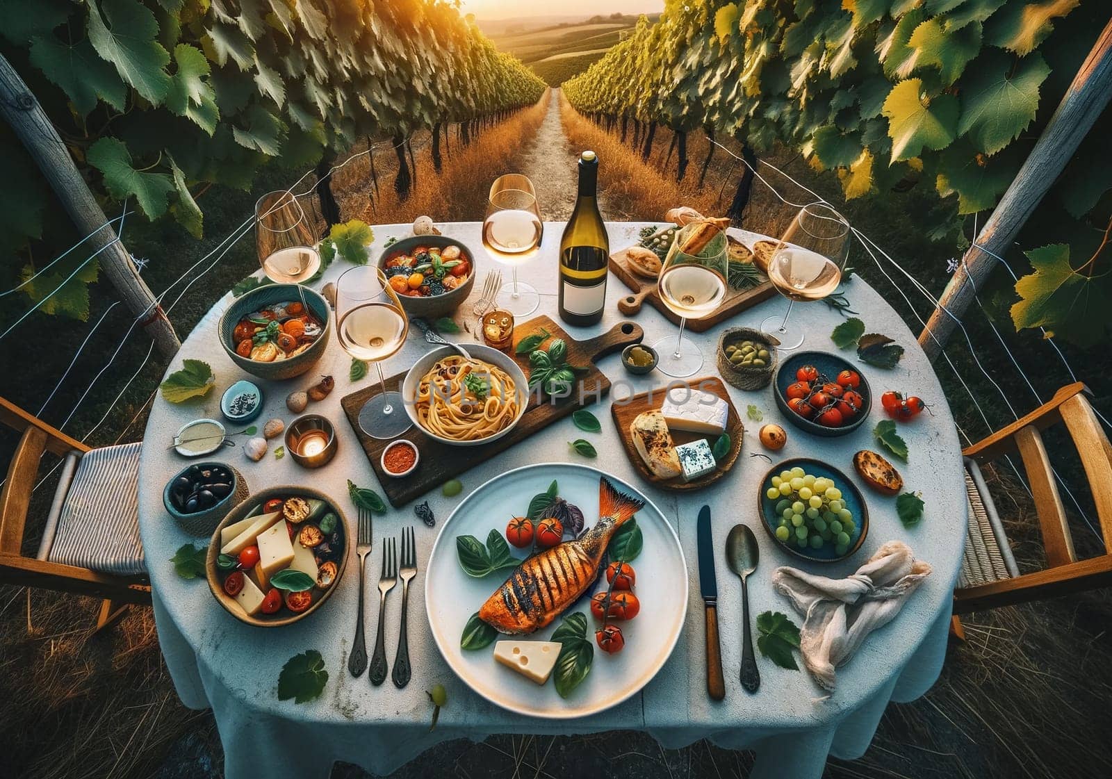 Top-down view of a summer evening dinner in a vineyard, featuring grilled fish, tomato and basil pasta, cheese and olive platter, and white wine, set during sunset. High quality illustration