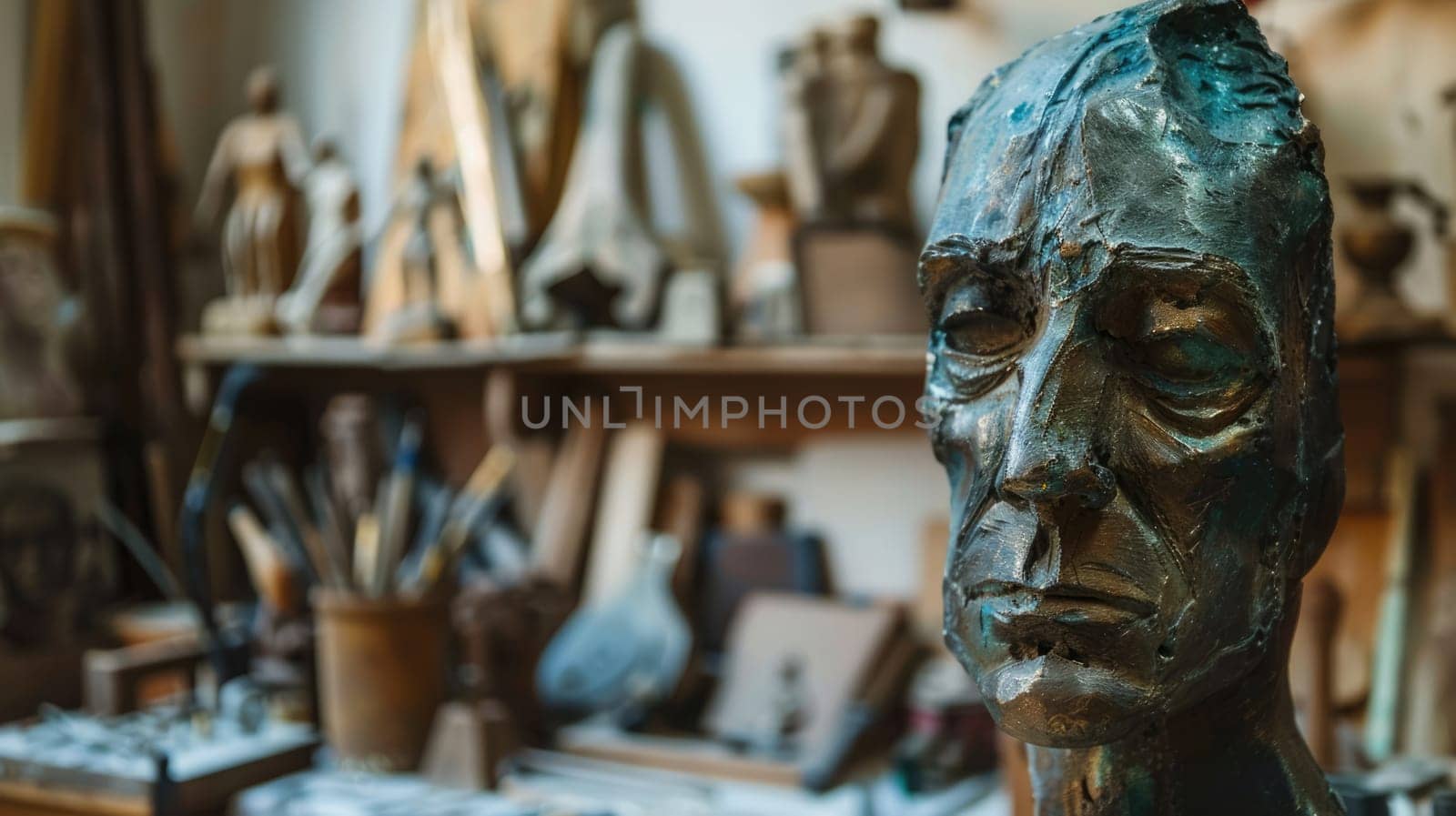 Bronze sculpture against the background of the sculptor tools AI