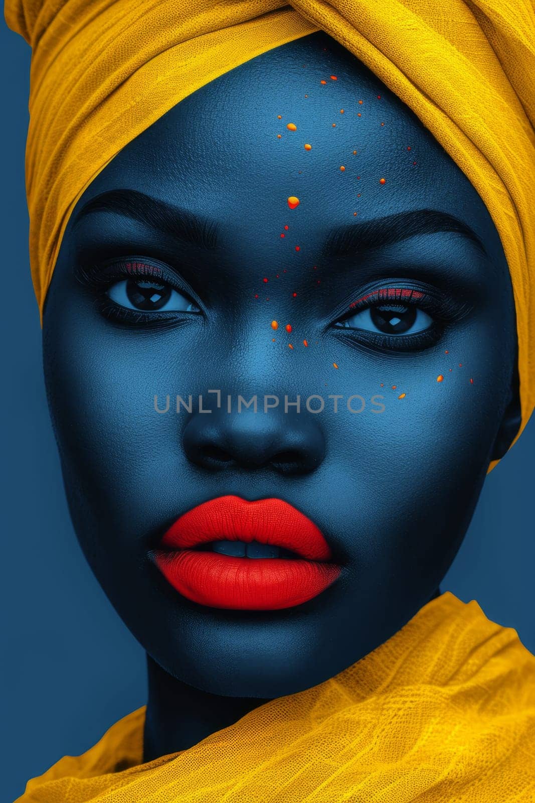 A close-up portrait of the face of a fashionable African woman in a colored headdress.