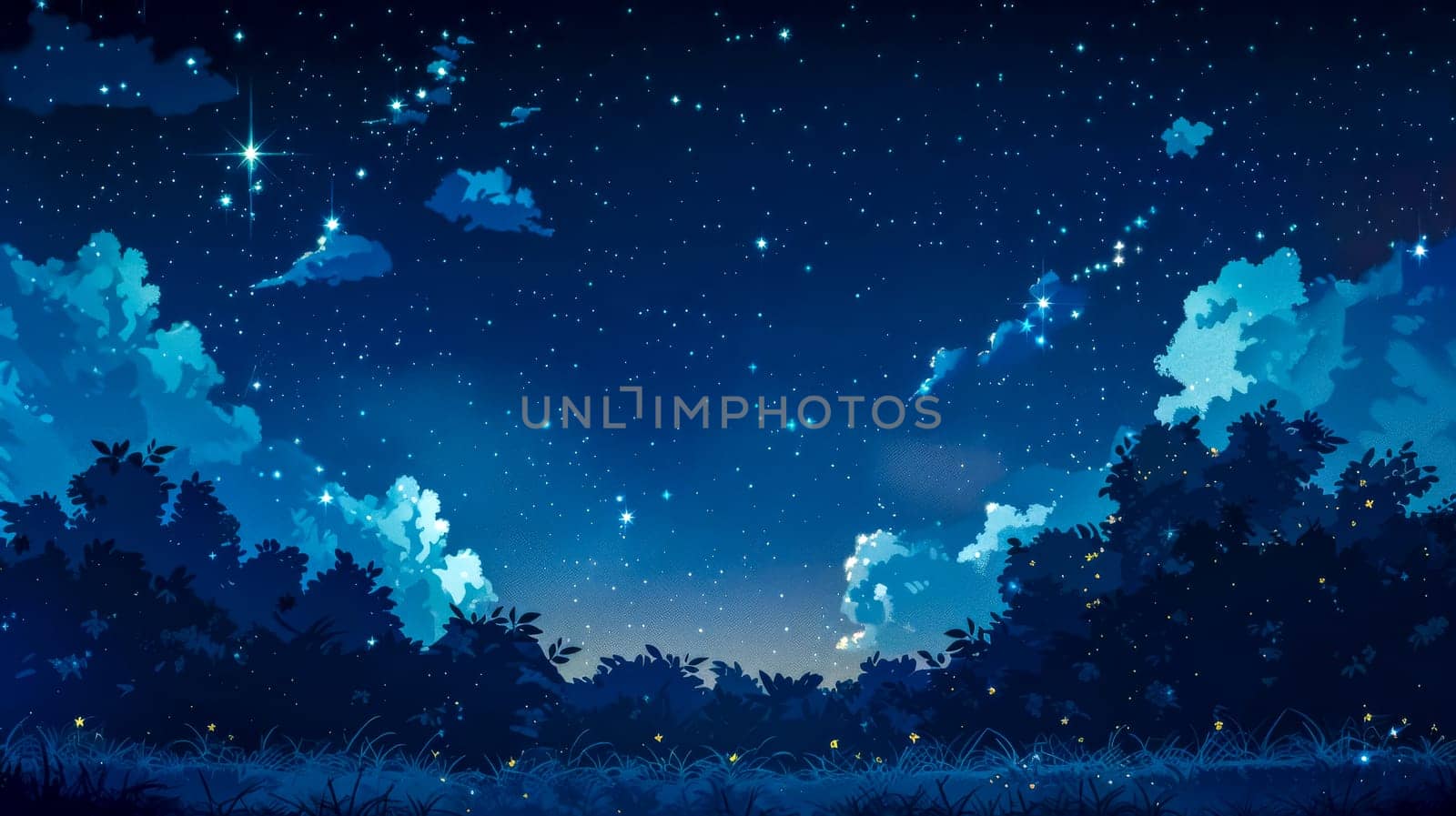 Digital illustration of a mesmerizing night sky with stars and shooting stars above a silhouetted landscape