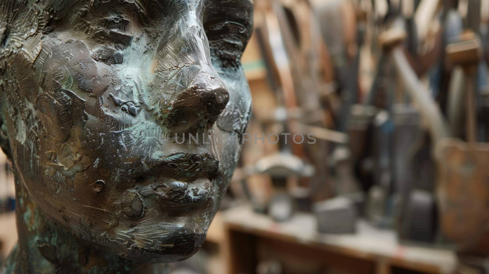 Bronze sculpture against the background of the sculptor tools AI