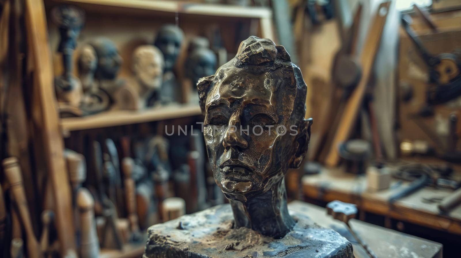 Bronze sculpture against the background of the sculptor tools AI