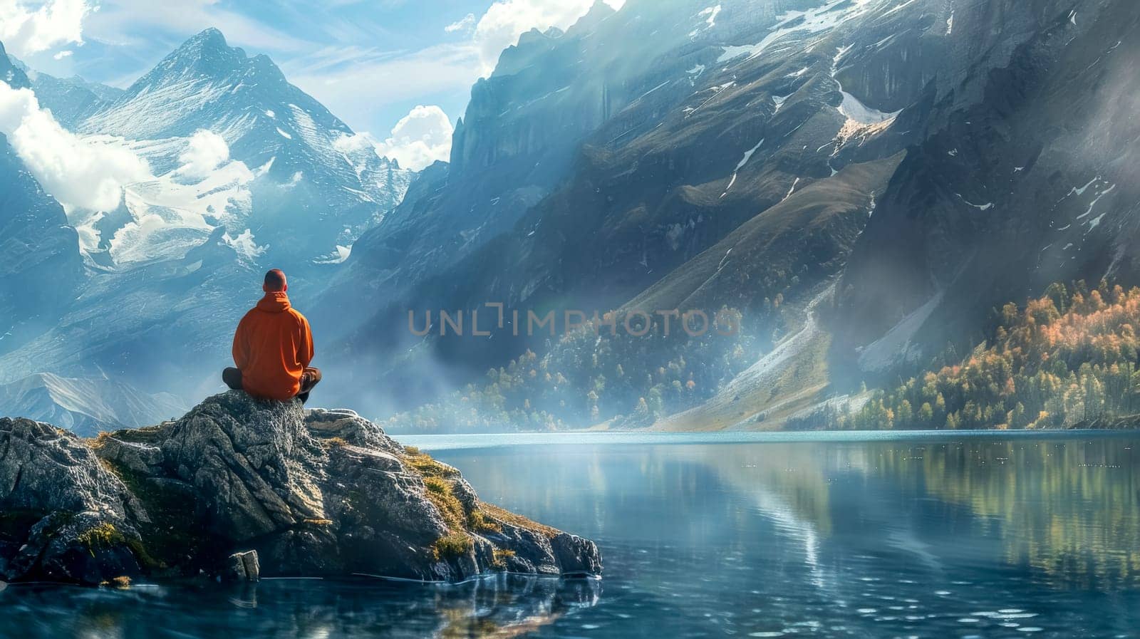 Person in orange meditating on a rock by a tranquil mountain lake by Edophoto