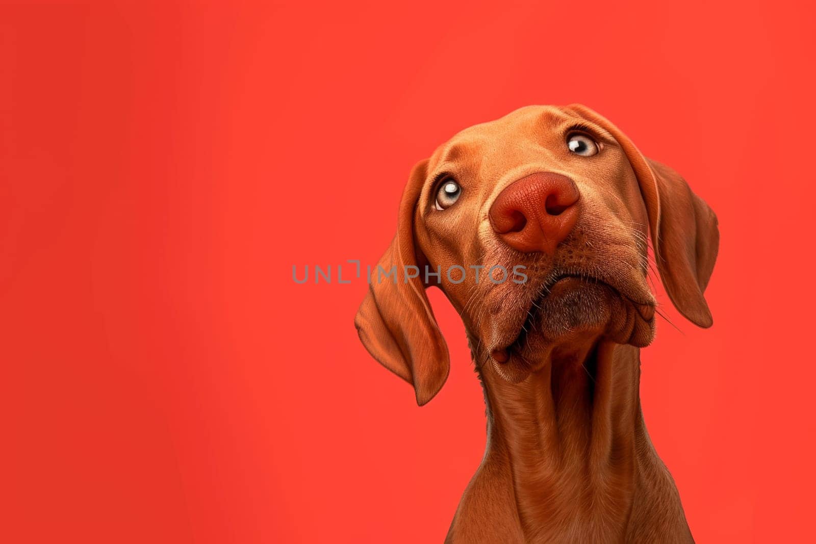 Close-up of a Hungarian fold-eared dog on a red background.