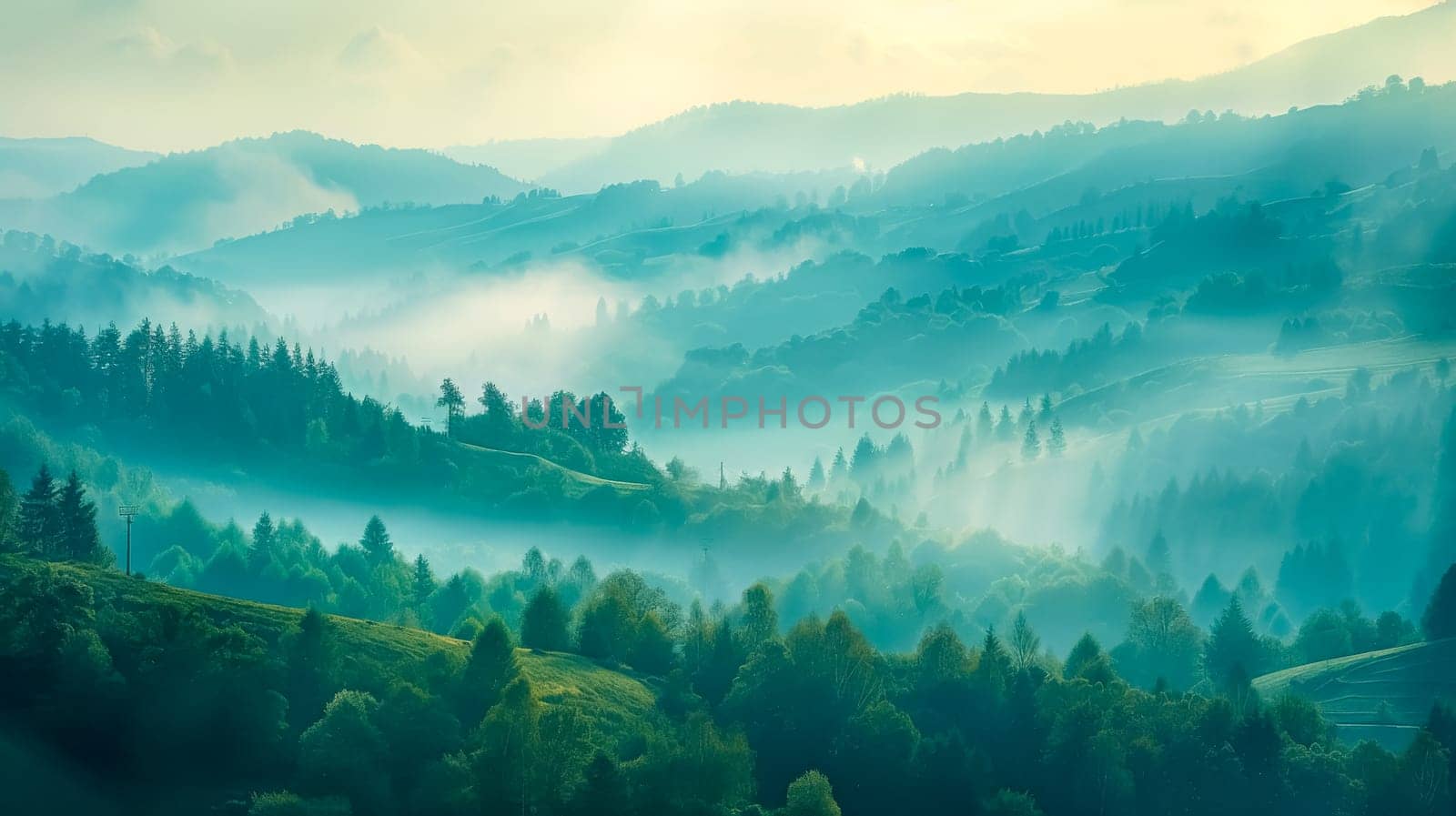 Tranquil misty mountain sunrise over rolling hills and serene woodland landscape with natural beauty and atmospheric light rays in a peaceful outdoor environment, perfect for eco tourism