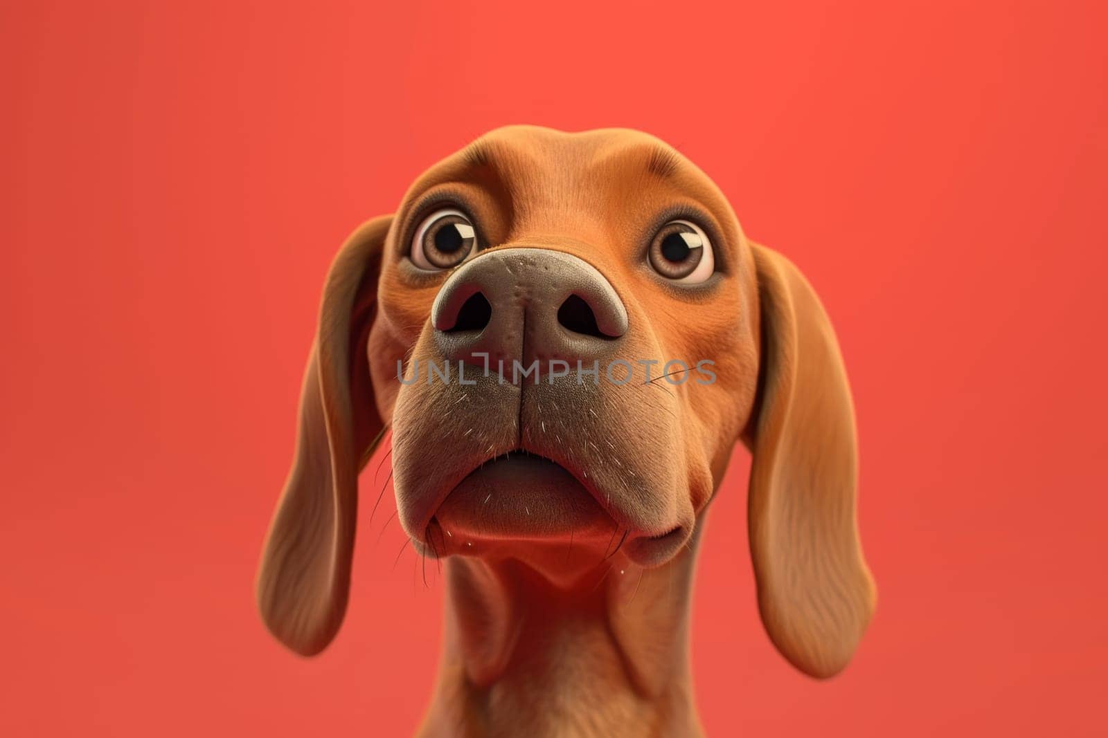 Close-up of a Hungarian fold-eared dog on a red background. 3d illustration.