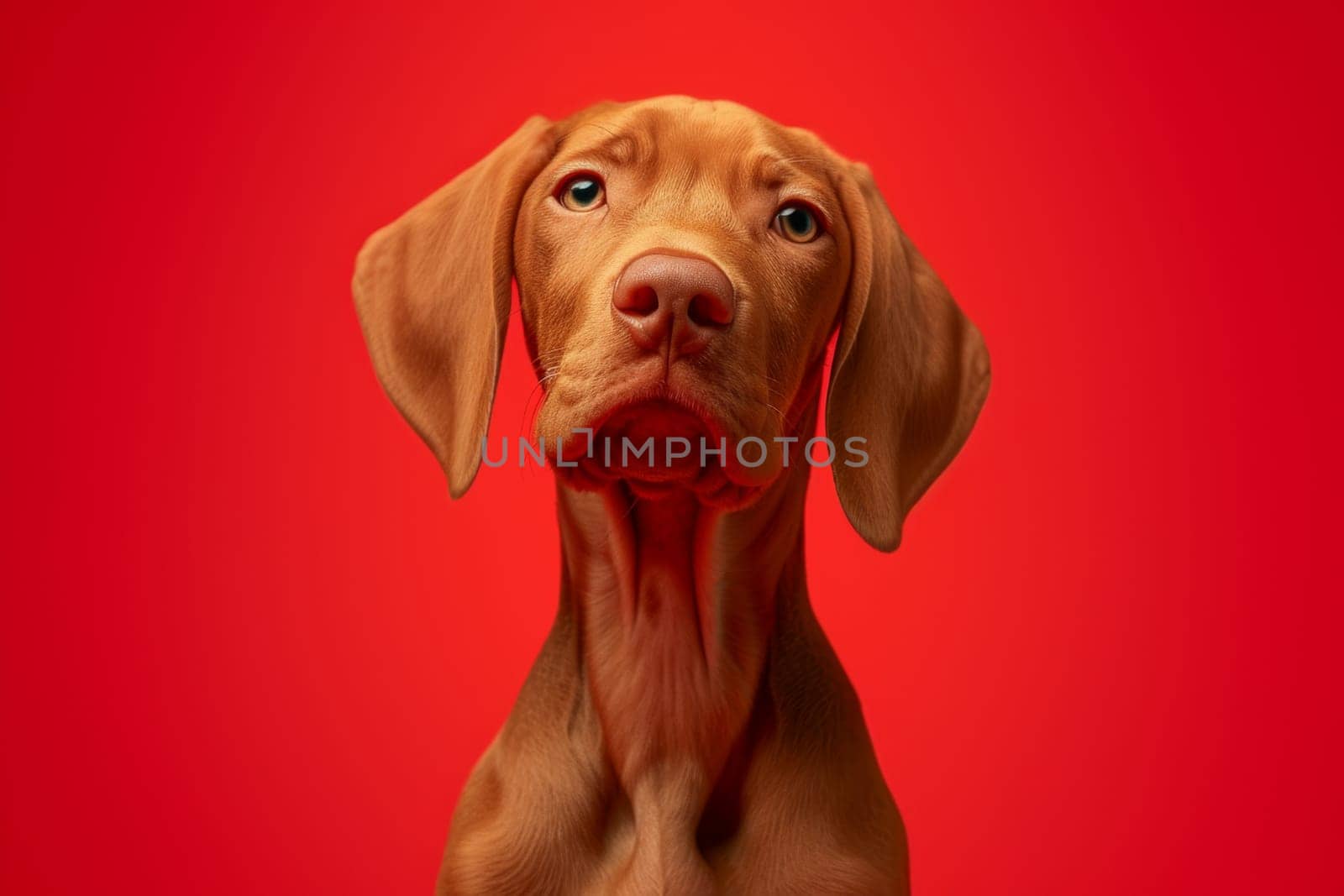 Close-up of a Hungarian fold-eared dog on a red background by Lobachad