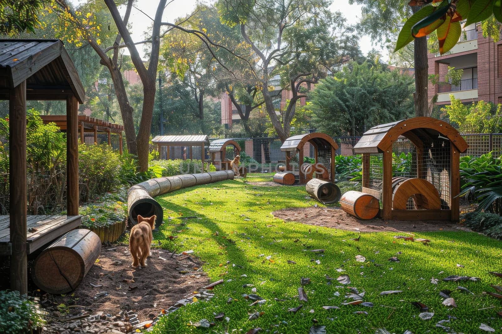 A dog park with a wooden gazebo and a tree with a large banana leaf. There are several dogs playing in the yard