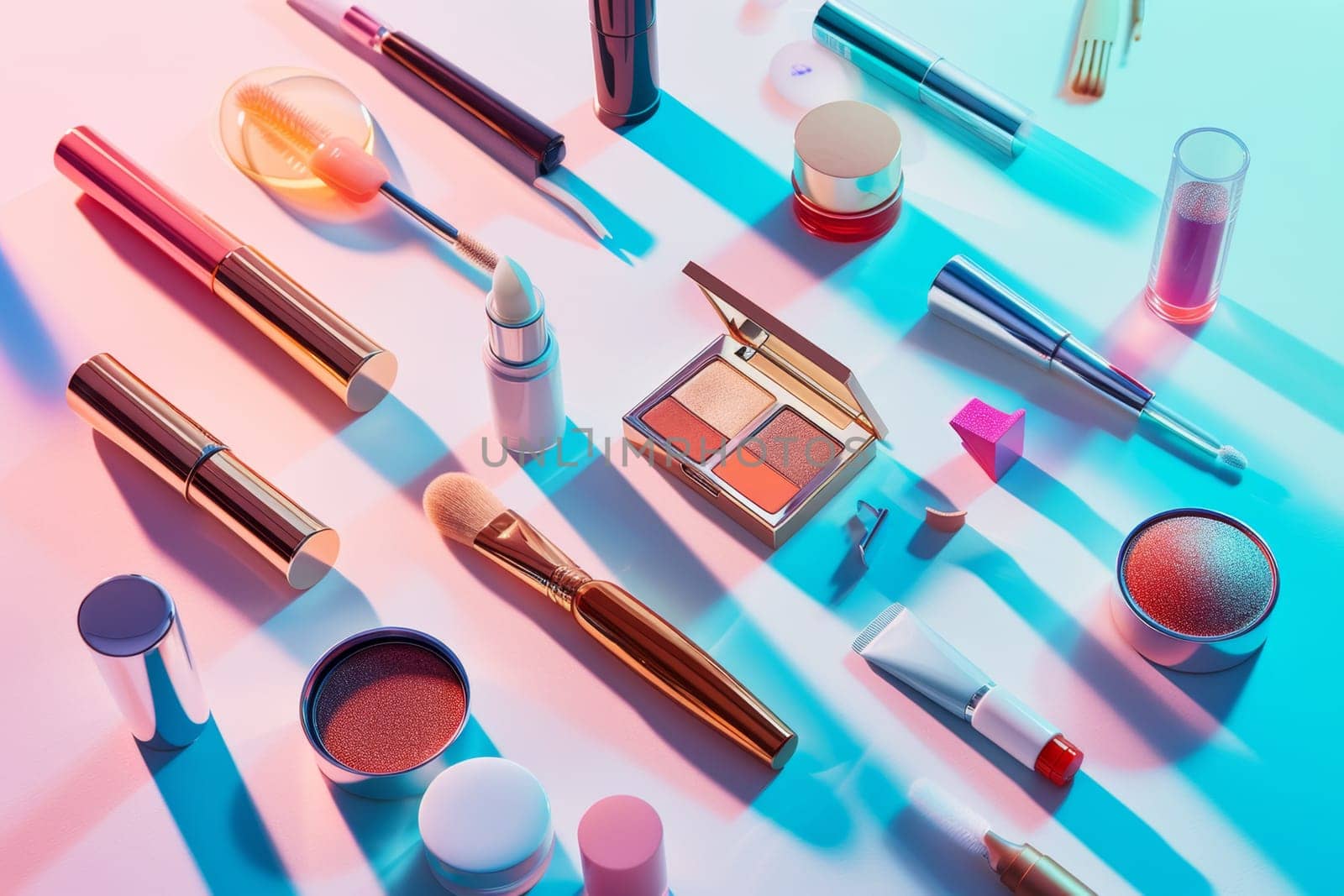 Decorative cosmetics and makeup brushes on the background.