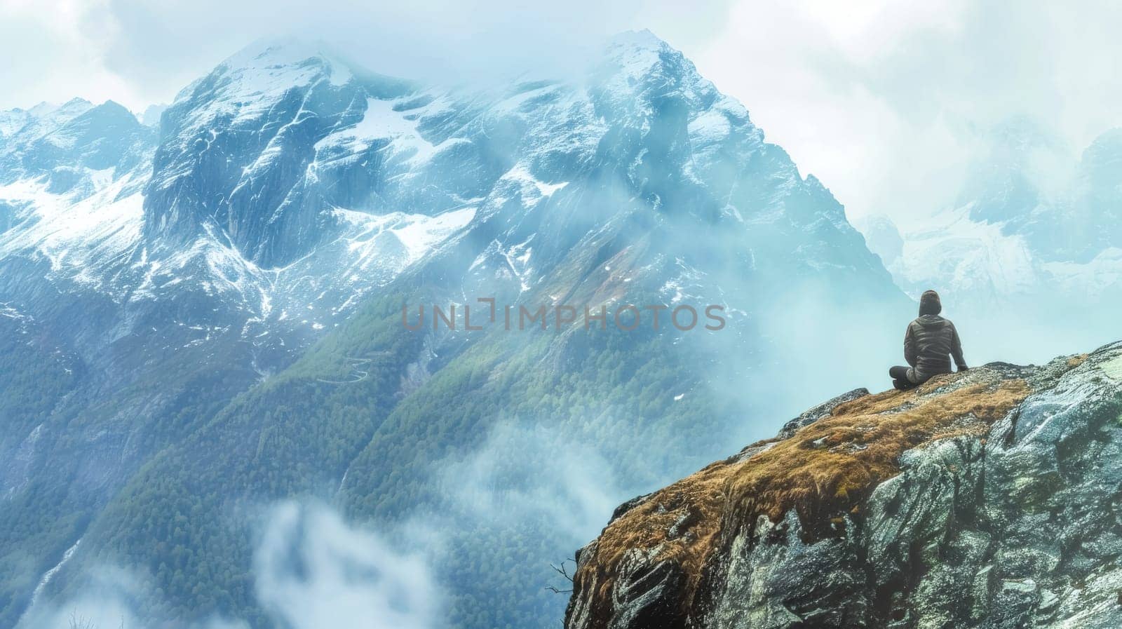 Lone individual sits on a cliff overlooking majestic snowy mountains shrouded in mist