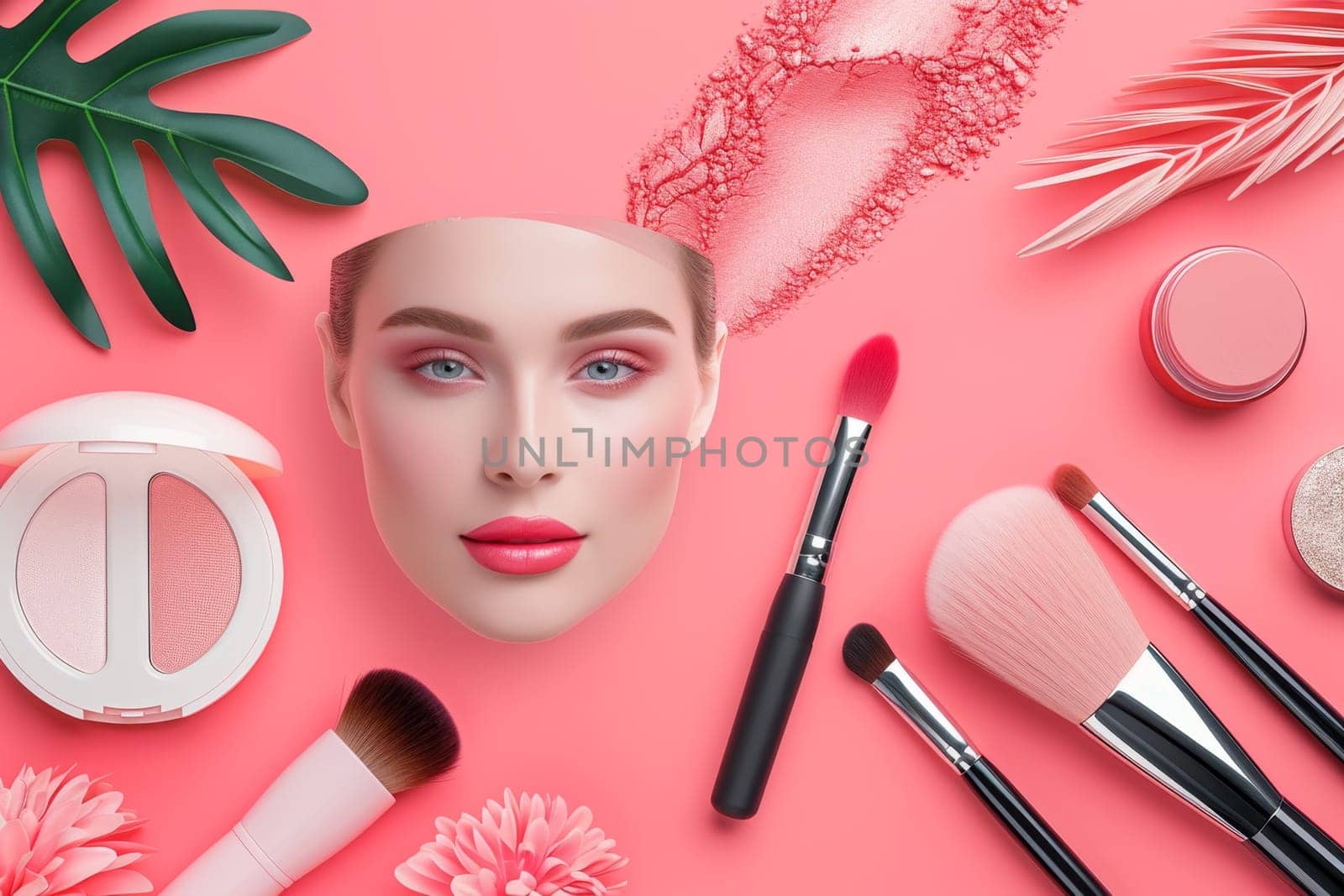 Decorative cosmetics and makeup brushes on the background.