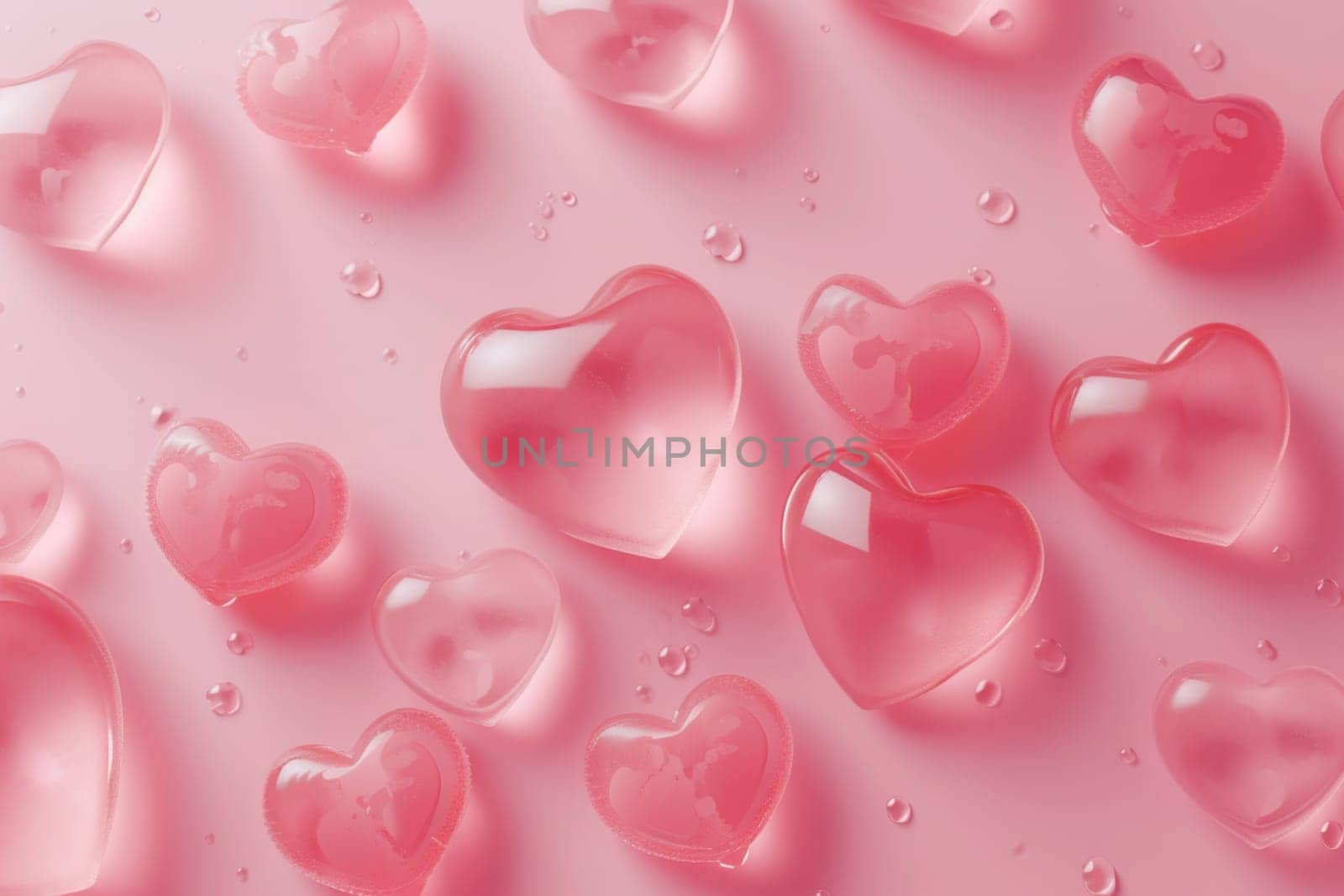 Lots of transparent glass hearts on a pink background. valentine's day.