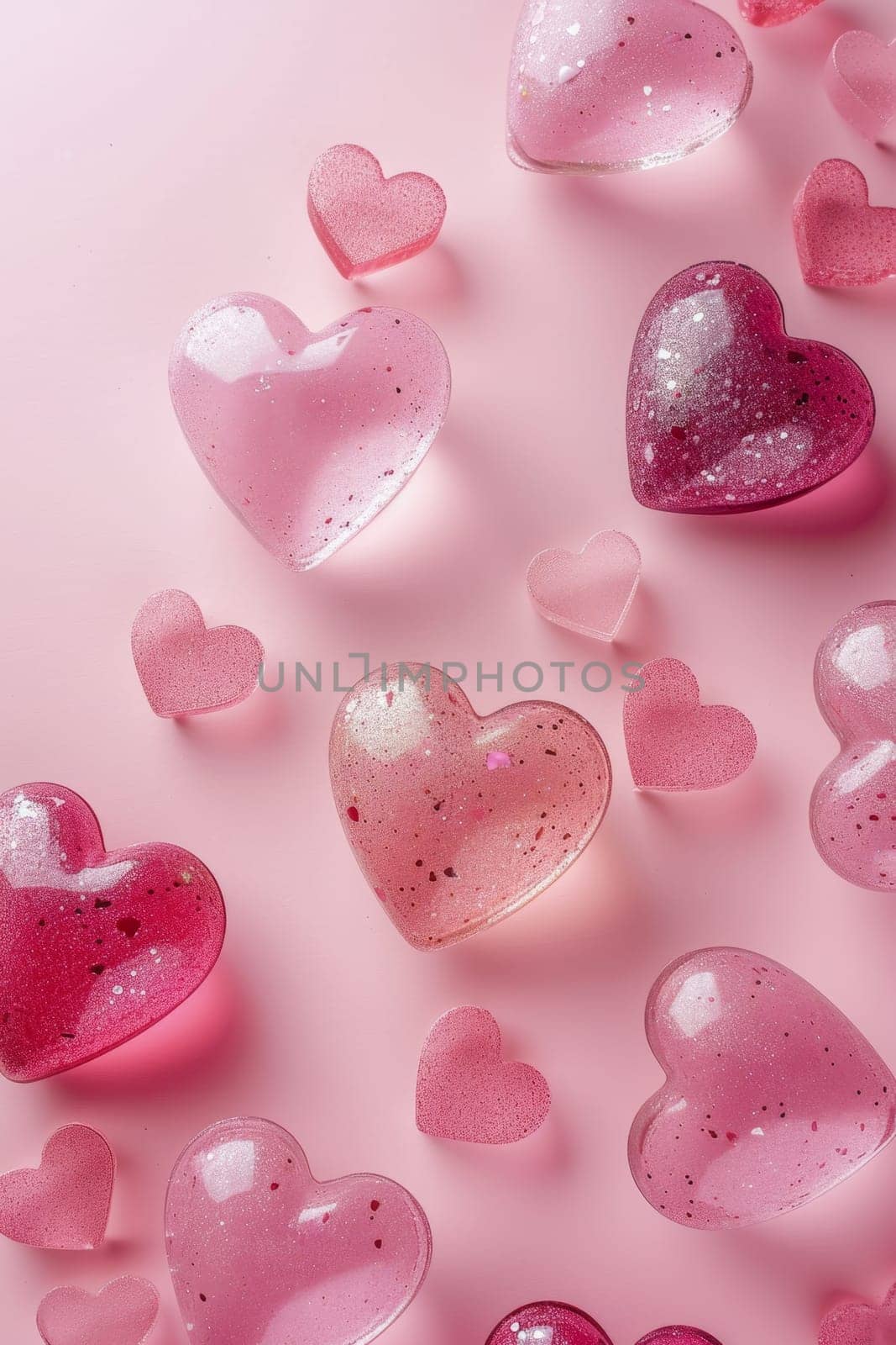 Lots of transparent glass hearts on a pink background. valentine's day.