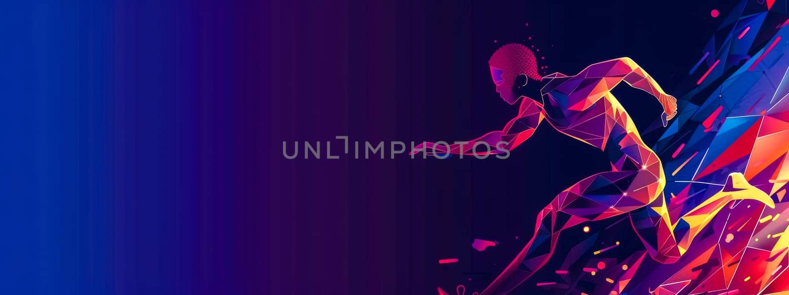 Abstract image of a dynamic runner with vibrant digital effects on a blue gradient background