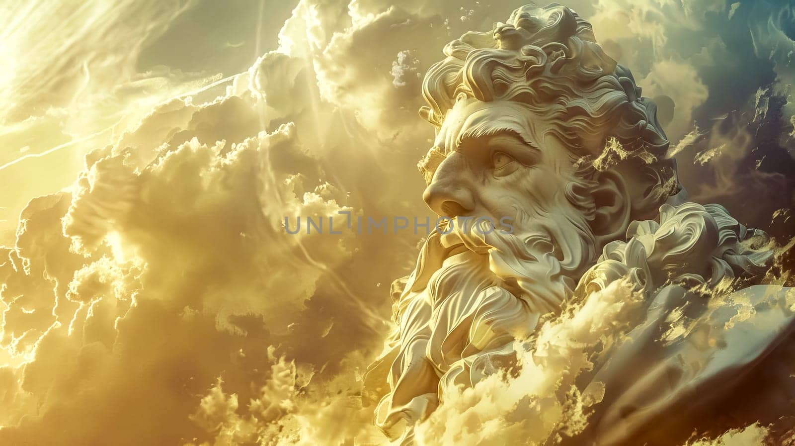 Dramatic depiction of a greek god's face formed by clouds, illuminated by golden sunlight