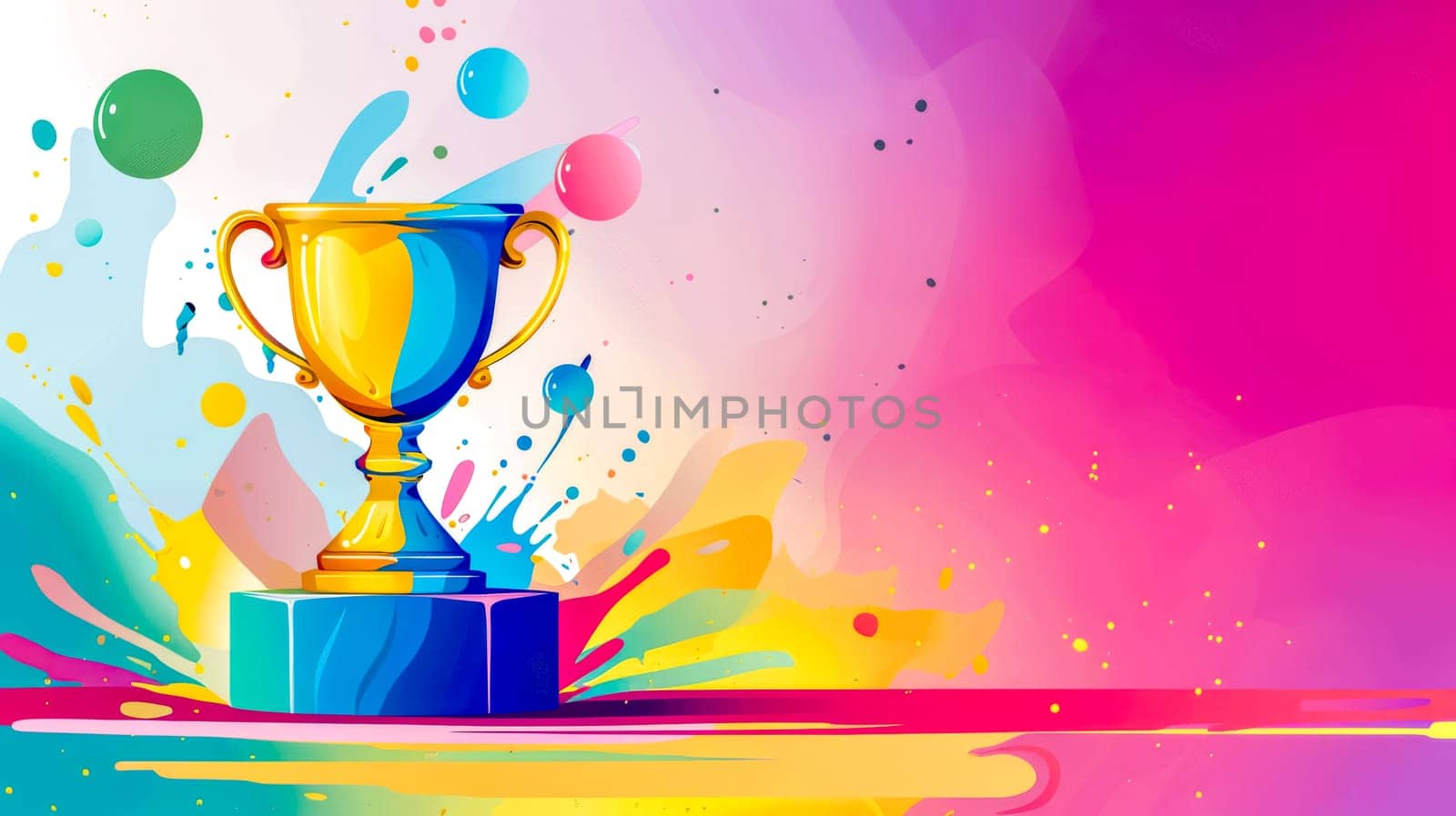 Colorful and vibrant abstract trophy celebration background with paint splashes and golden accents for victory, success, and achievement illustration