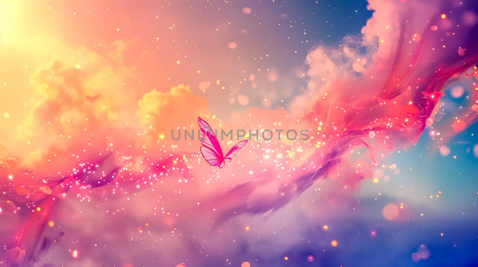 Vibrant butterfly soars amidst sparkling lights and colorful clouds