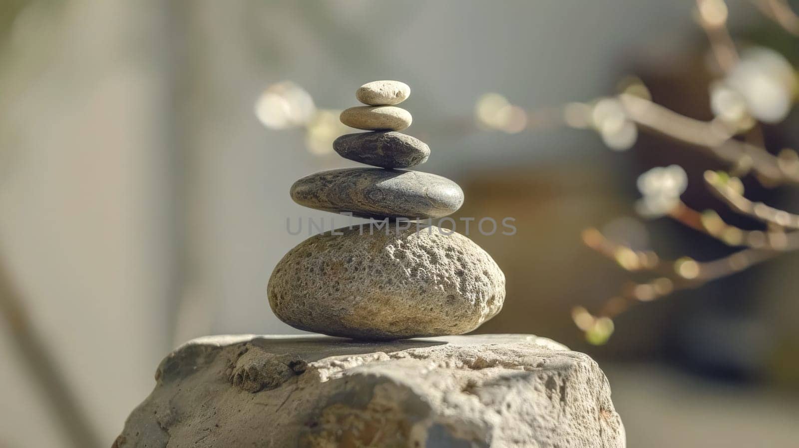 Balanced rock cairn outdoors, symbolizing peace, balance and harmony