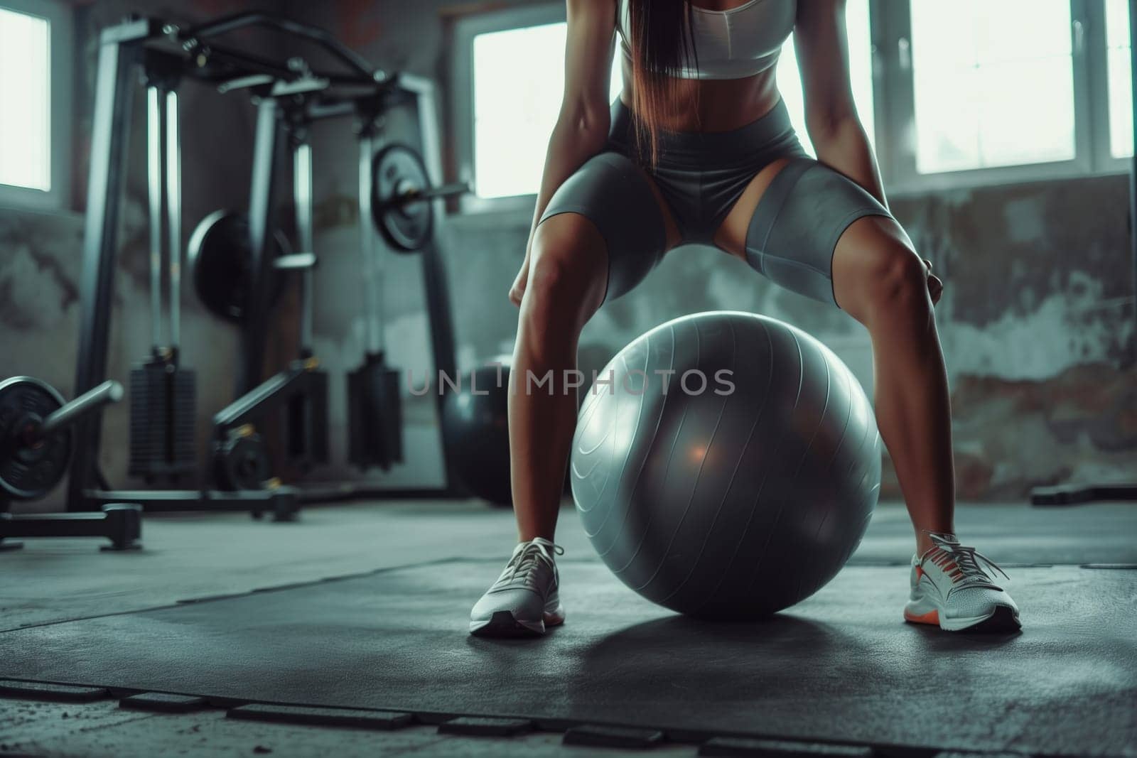 A woman is using an exercise ball for weight training in the gym, working on her thighs, chest, abdomen, and overall physical fitness