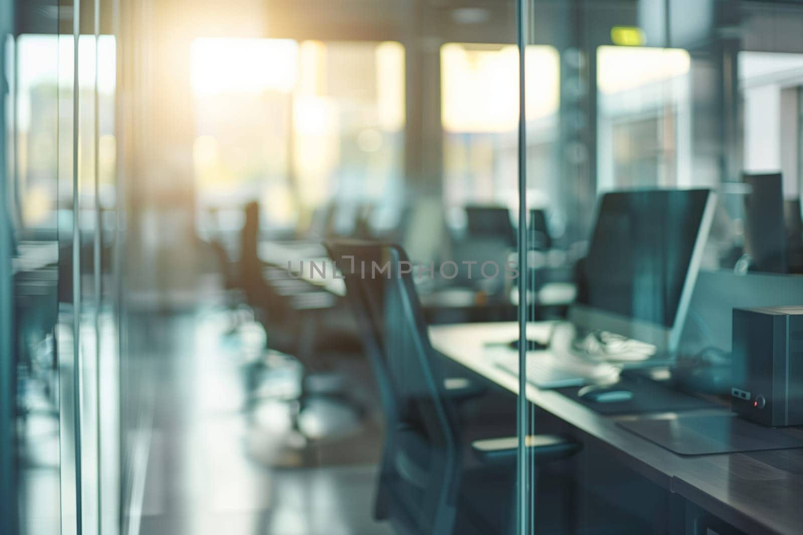 Blurry image of modern office with glass wall, metal fixtures, and sleek design by richwolf