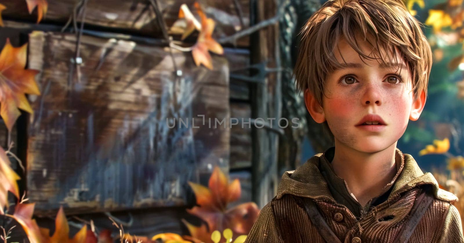 Boy with a look of wonder stands amidst falling autumn leaves