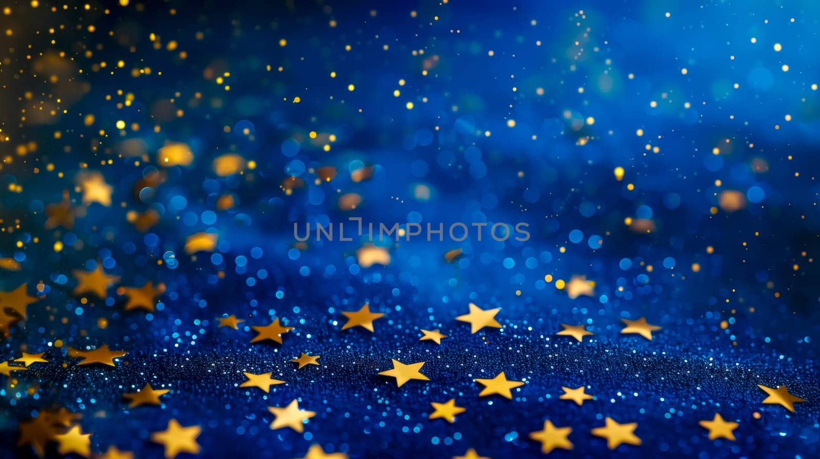 Abstract blue background with sparkling tiny golden stars creating a festive atmosphere