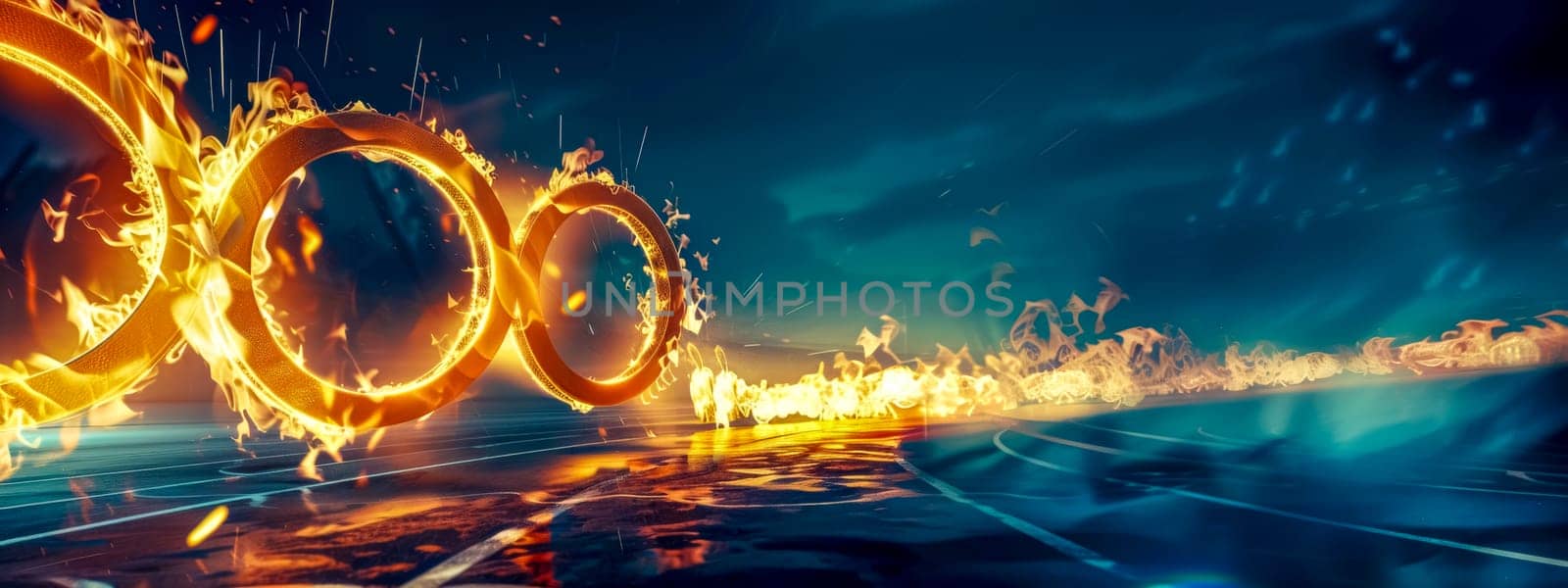 Fiery rings on racetrack at night by Edophoto