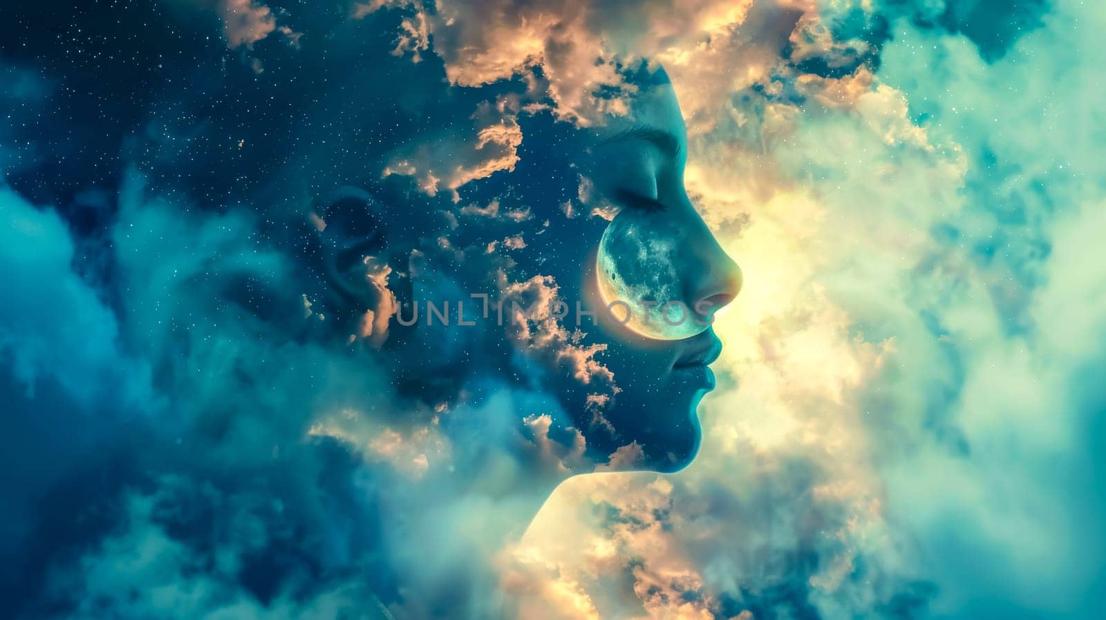 Surreal artwork combining a woman's profile with a cosmic cloudscape