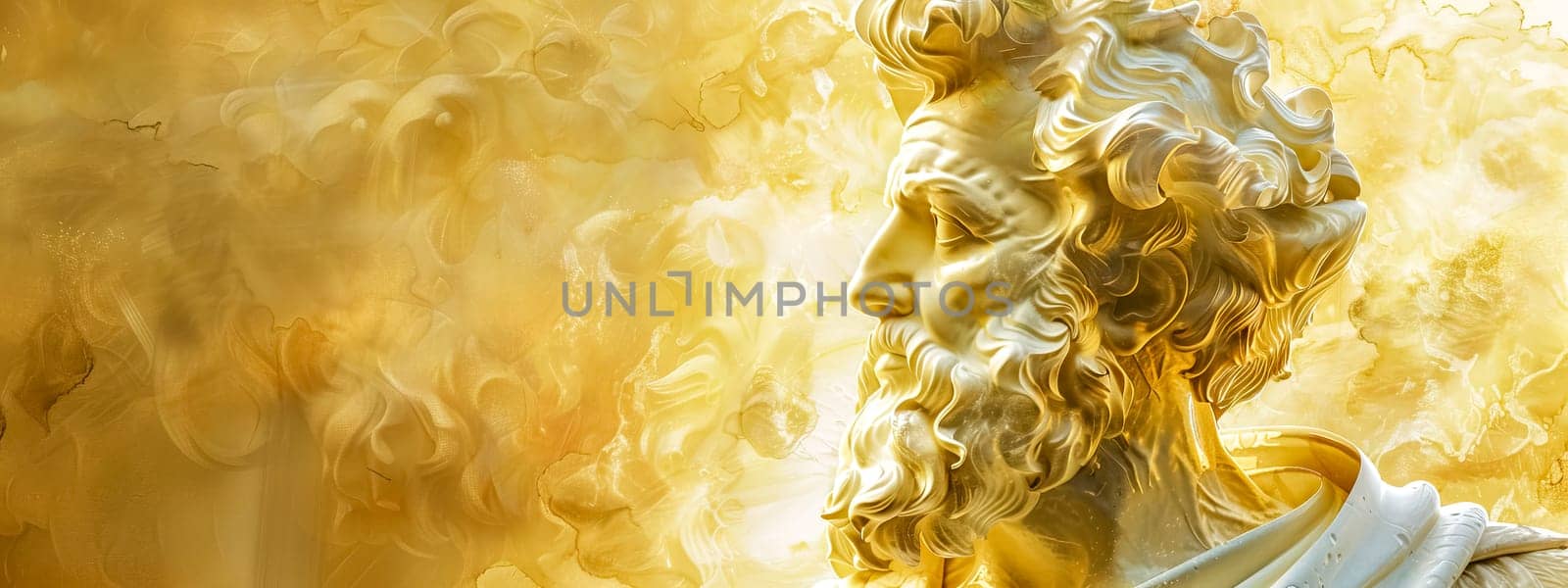 Elegant gold sculpture of a classical deity with intricate details against a dreamy, golden backdrop