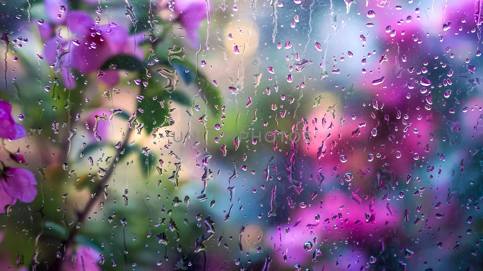 Close-up of water droplets on a window with colorful out-of-focus flowers in the background