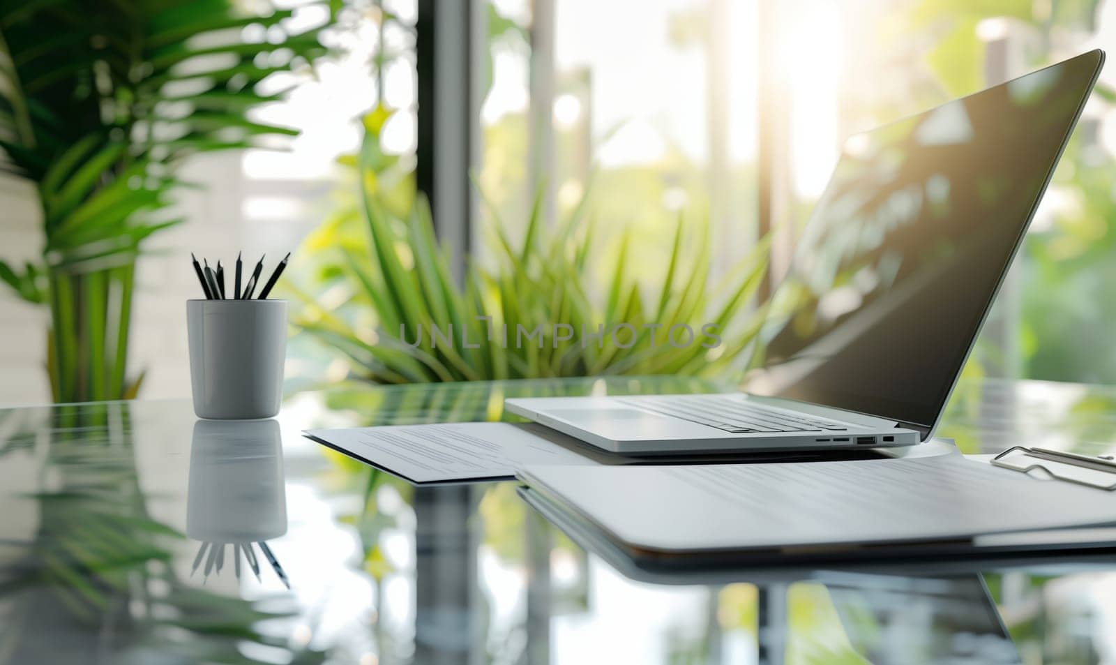 Laptop on glass desk by window, overlooking grass and building facade by richwolf