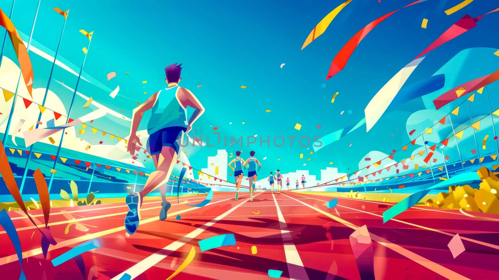 Vibrant illustration of athletes running towards the finish line in a festive marathon setting