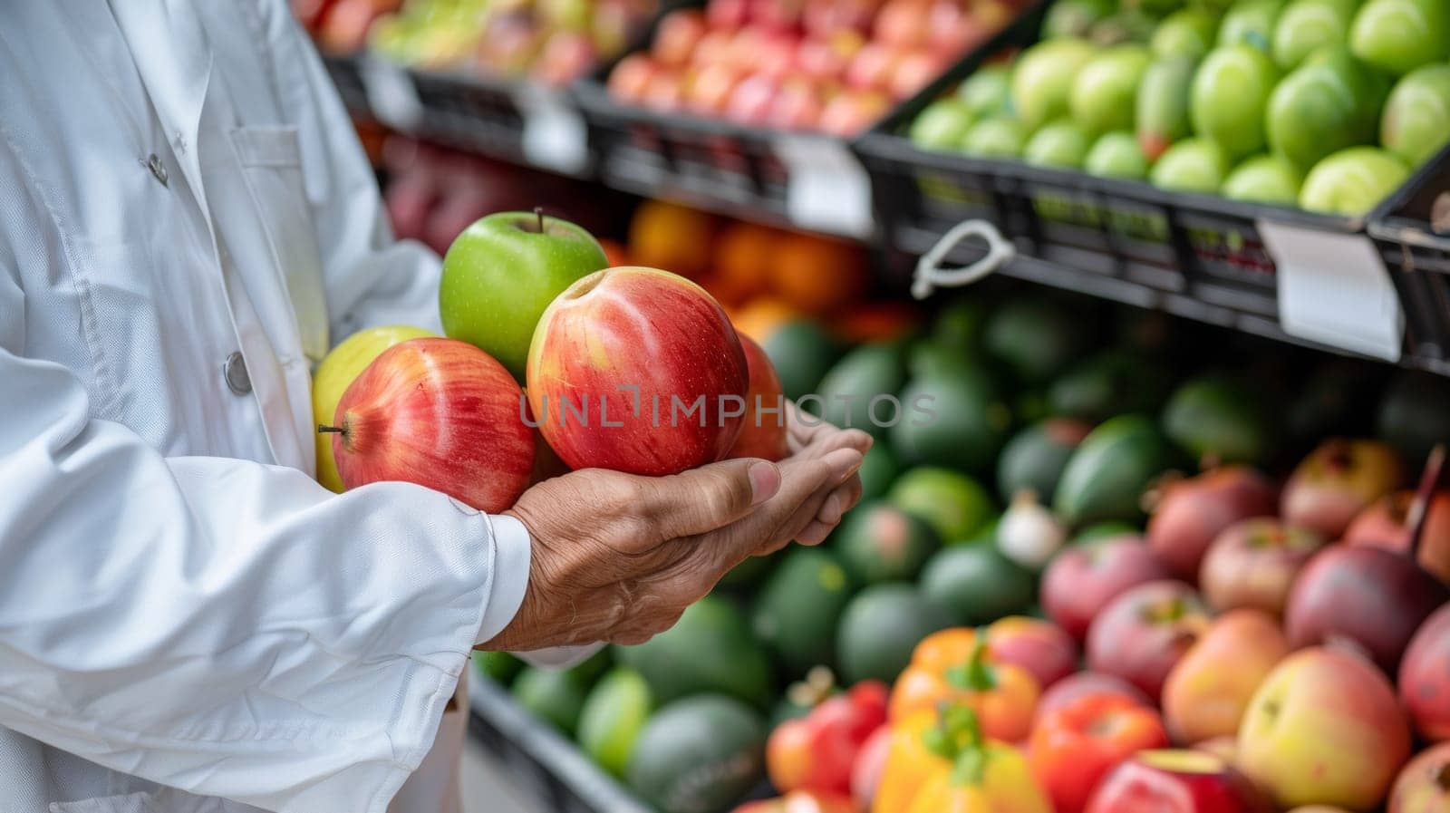 A person holding a basket of apples in front of produce, AI by starush