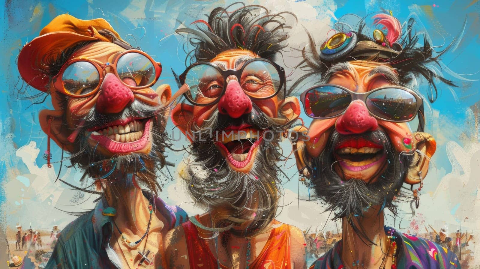 Three men with big noses and glasses are painted on a painting