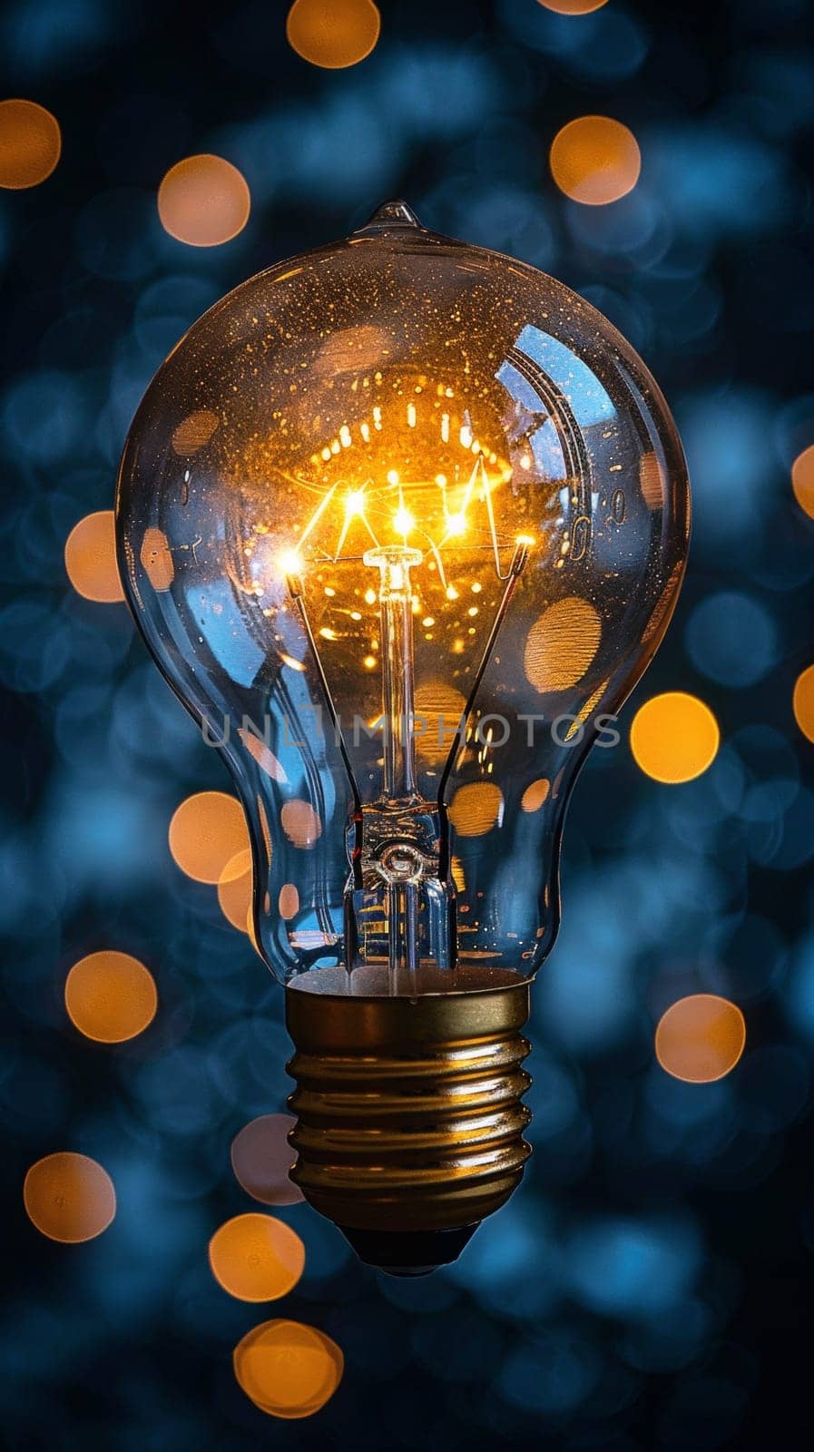 A light bulb with a glowing filament is sitting on top of some bokeh, AI by starush