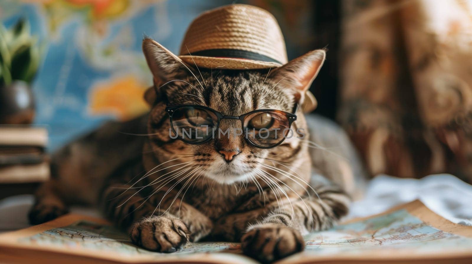A cat wearing a hat and glasses laying on top of an open book