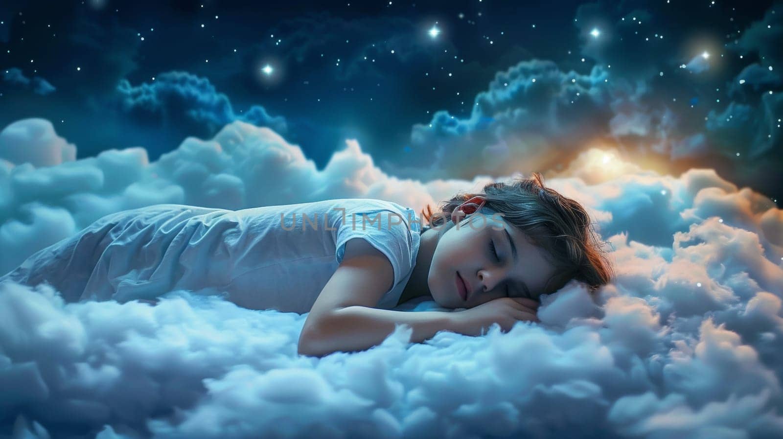 A young girl sleeping on a cloud with stars in the sky