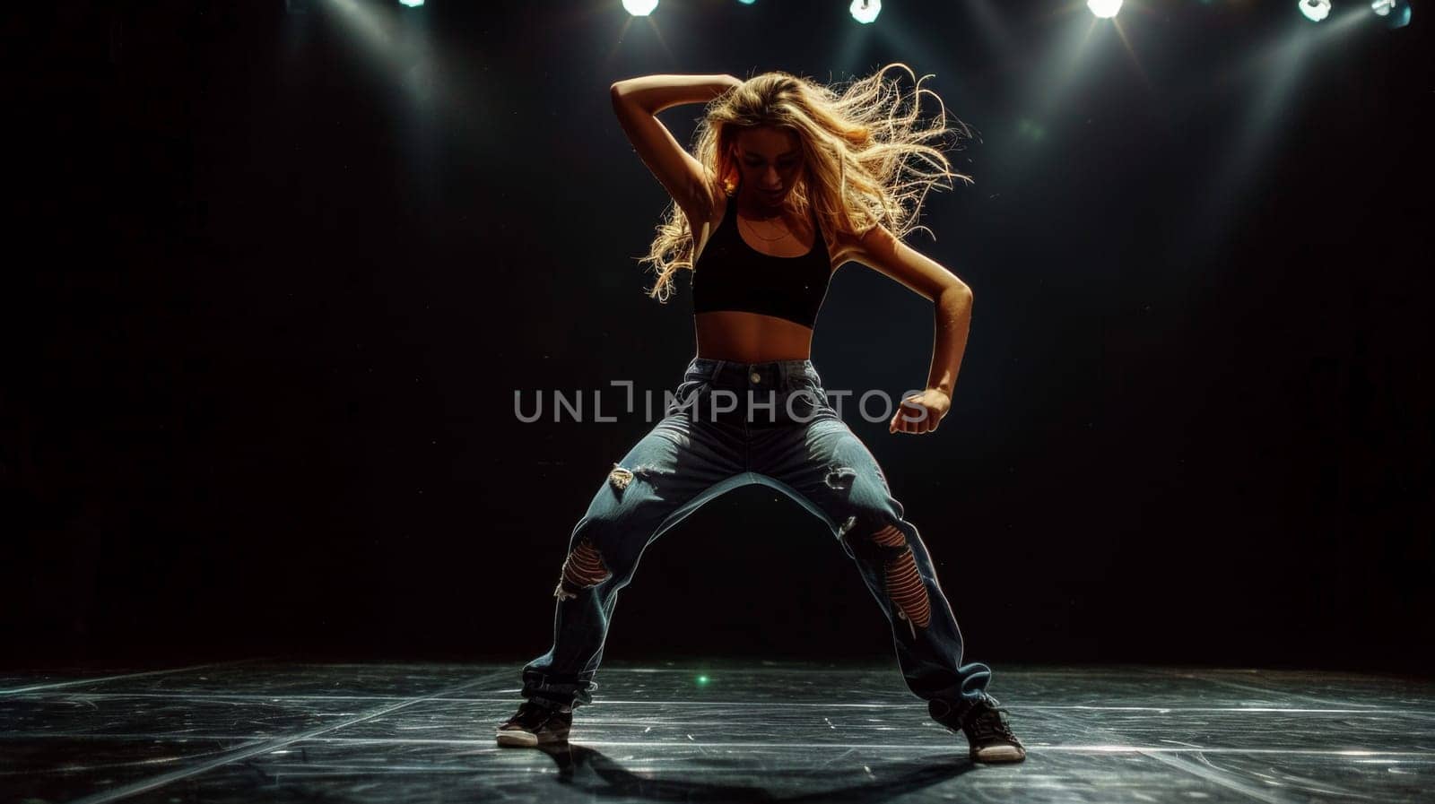 A woman dancing on stage in front of a spotlight, AI by starush