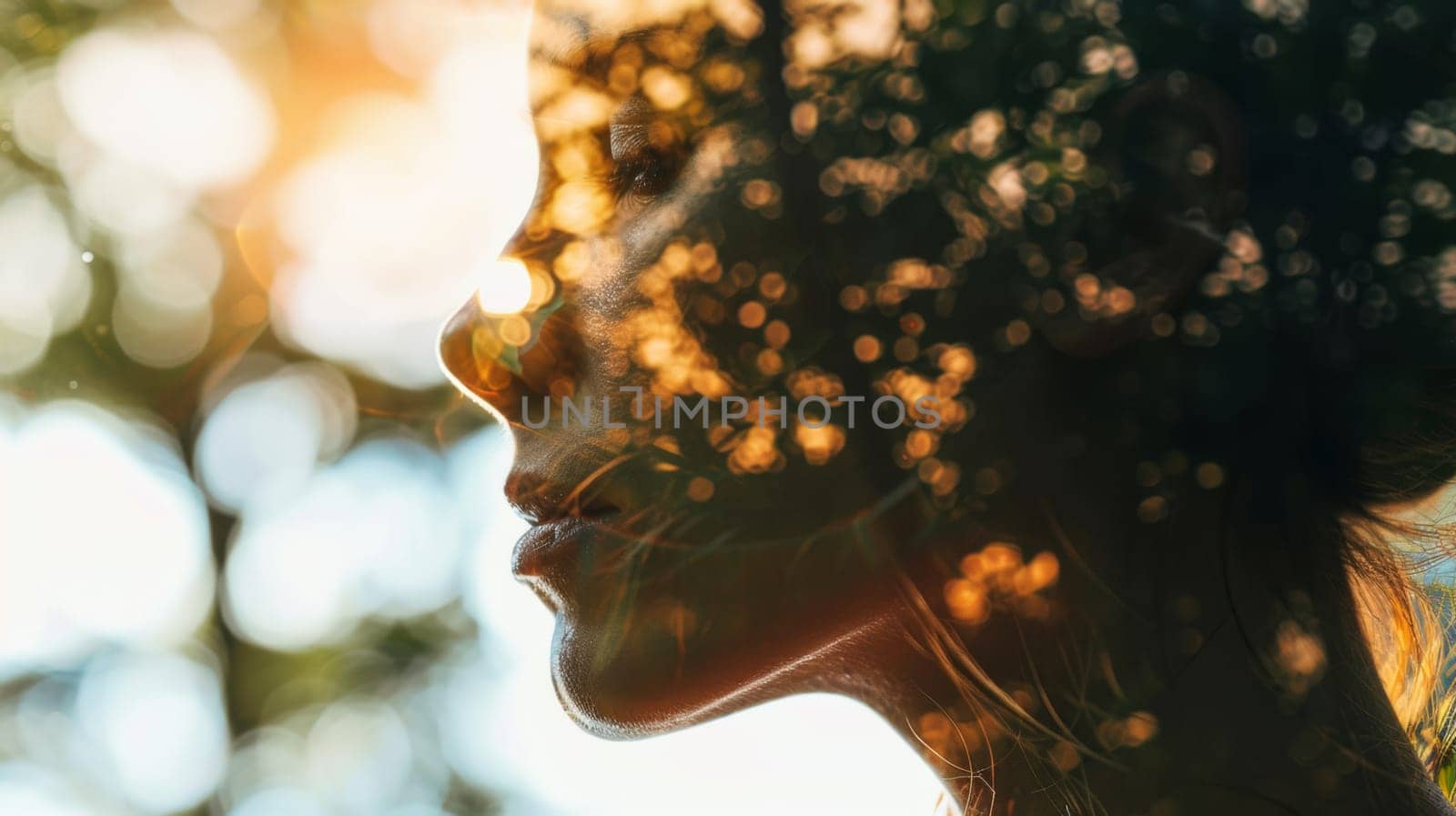 A woman with her face in the sun looking at something, AI by starush