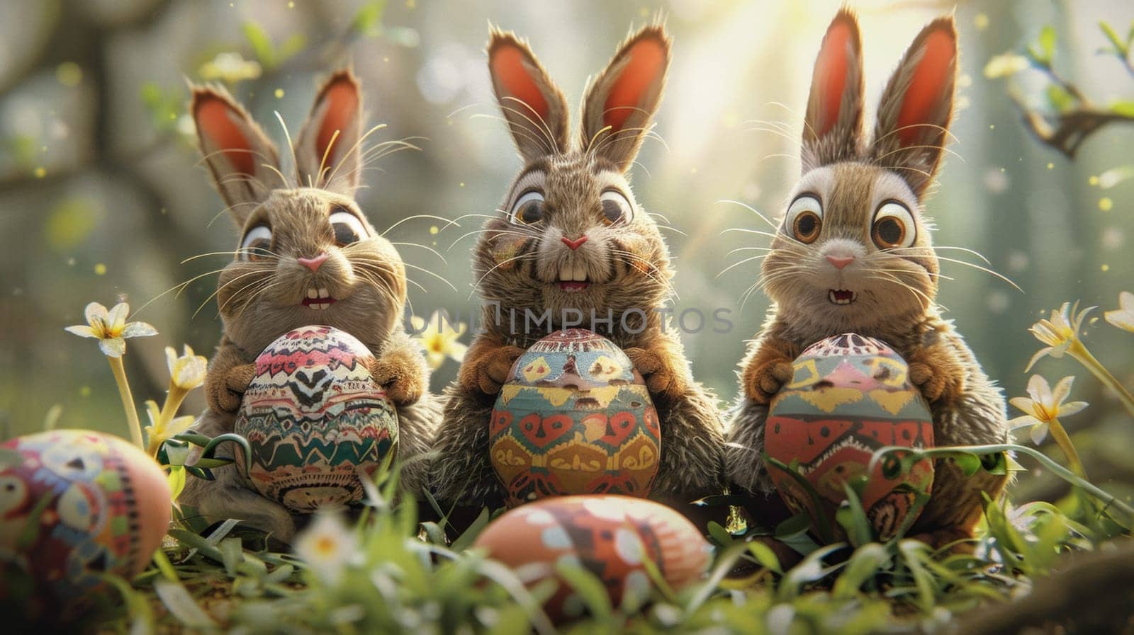 Three rabbits sitting on a grassy field with easter eggs, AI by starush