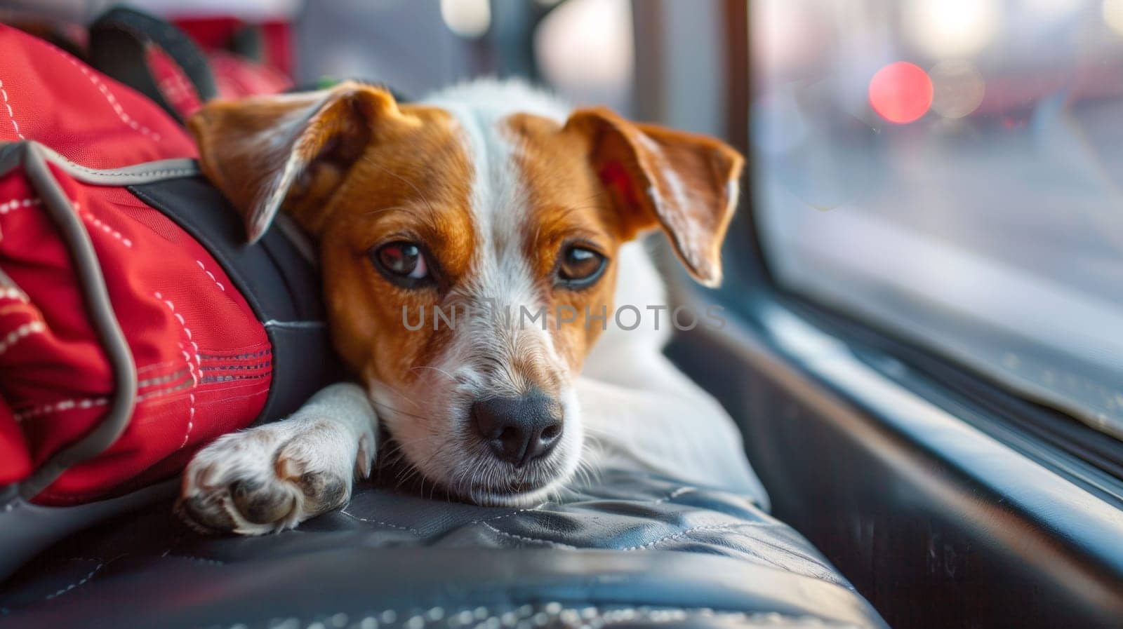A dog laying on a seat with his head resting against the window, AI by starush